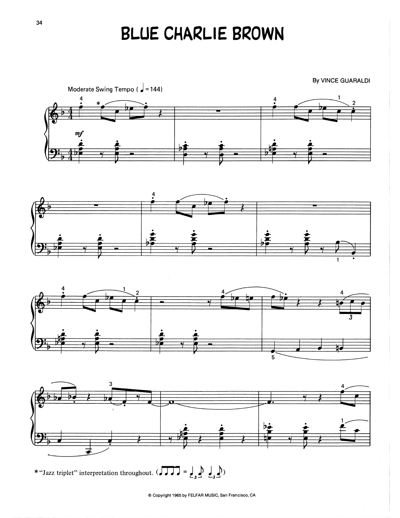 Vince Guaraldi Blue Charlie Brown (arr. Lee Evans) sheet music notes and chords arranged for Piano Solo