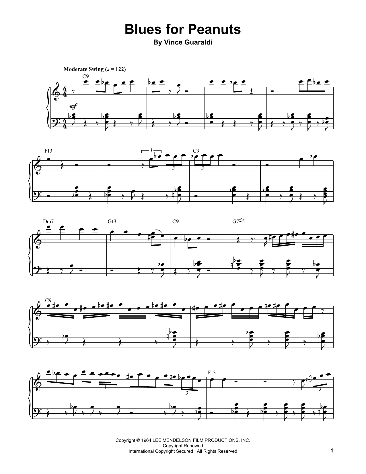 Vince Guaraldi Blues For Peanuts sheet music notes and chords arranged for Piano Transcription