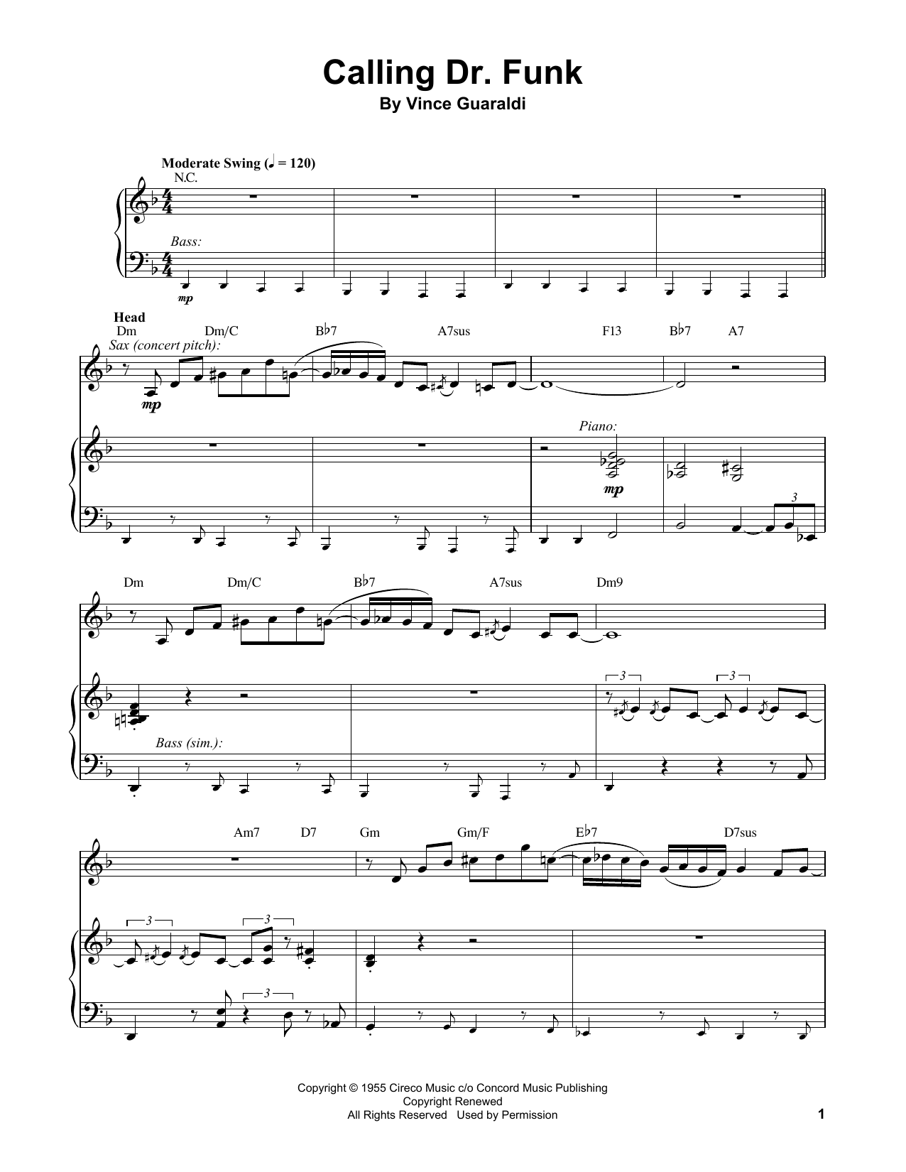 Vince Guaraldi Calling Dr. Funk sheet music notes and chords arranged for Piano Transcription