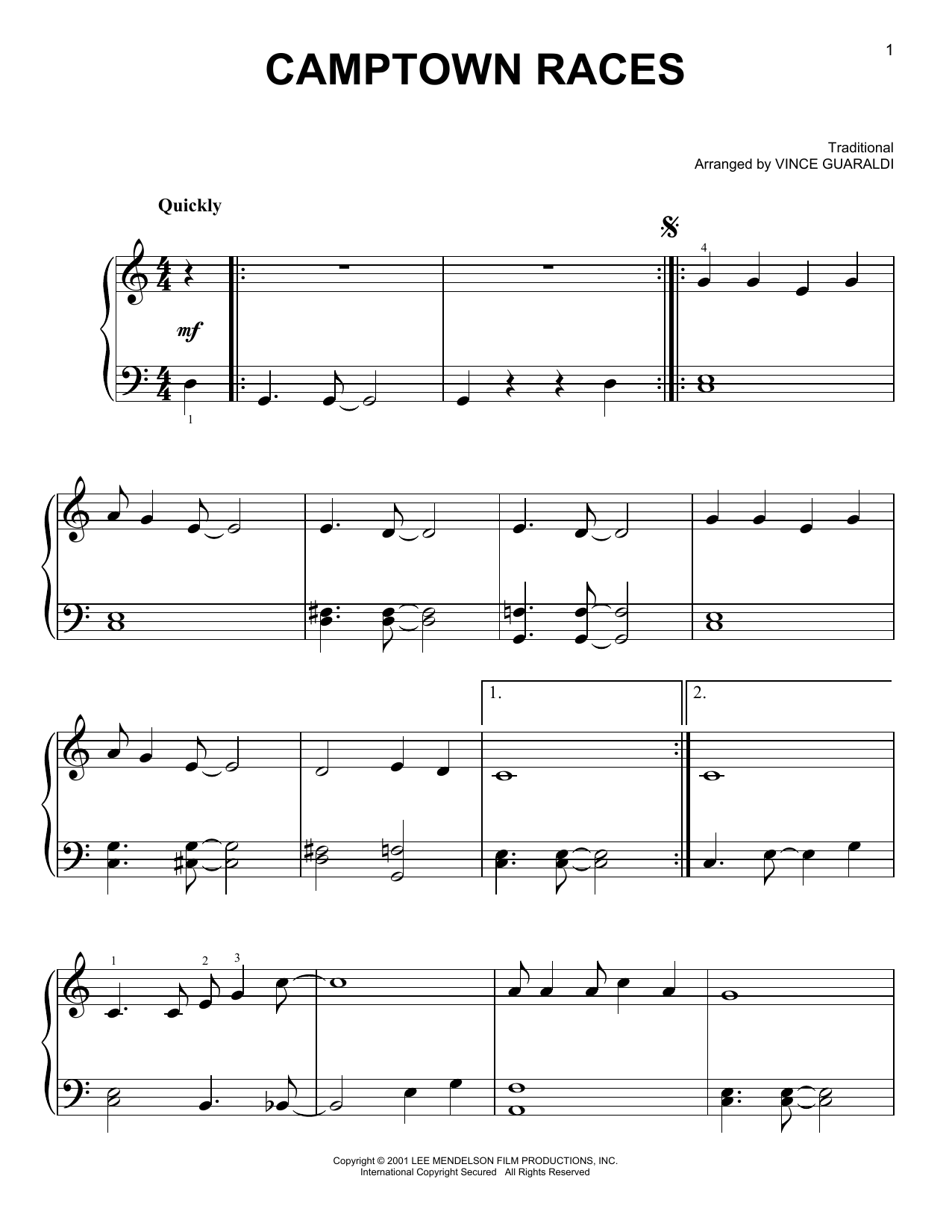 Vince Guaraldi Camptown Races sheet music notes and chords arranged for Easy Piano