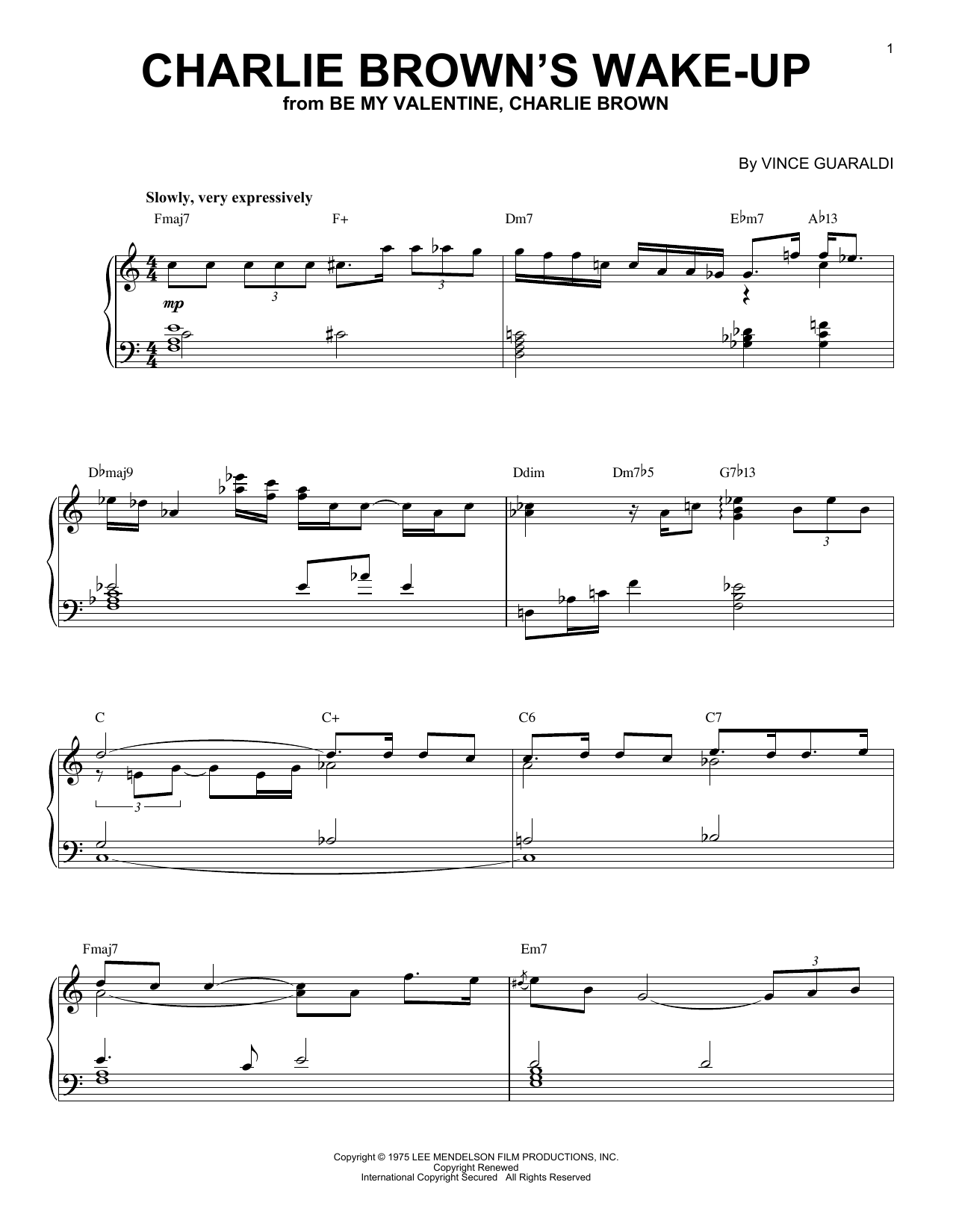 Vince Guaraldi Charlie Brown's Wake-Up sheet music notes and chords arranged for Piano Solo