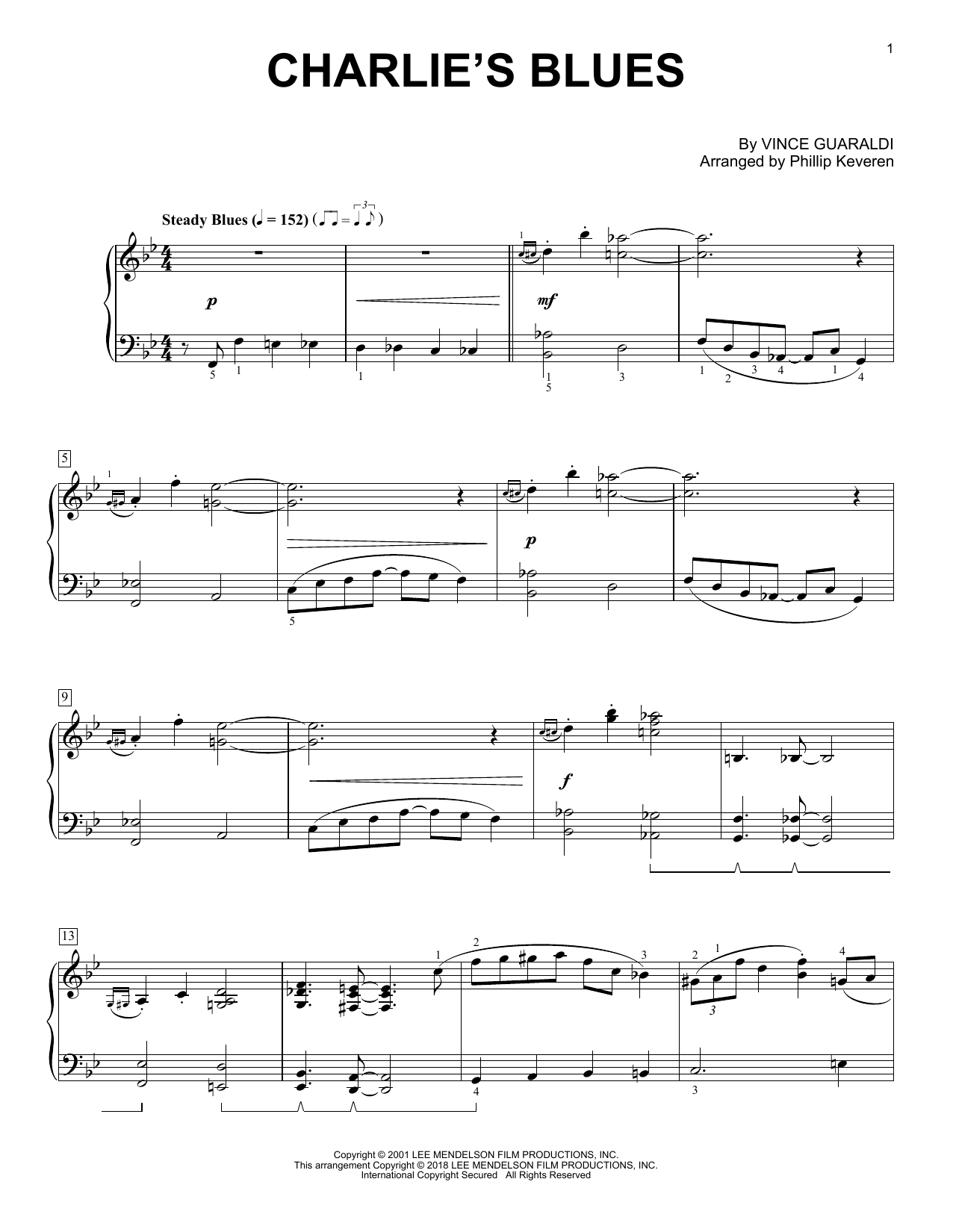Vince Guaraldi Charlie's Blues (arr. Phillip Keveren) sheet music notes and chords arranged for Piano Solo