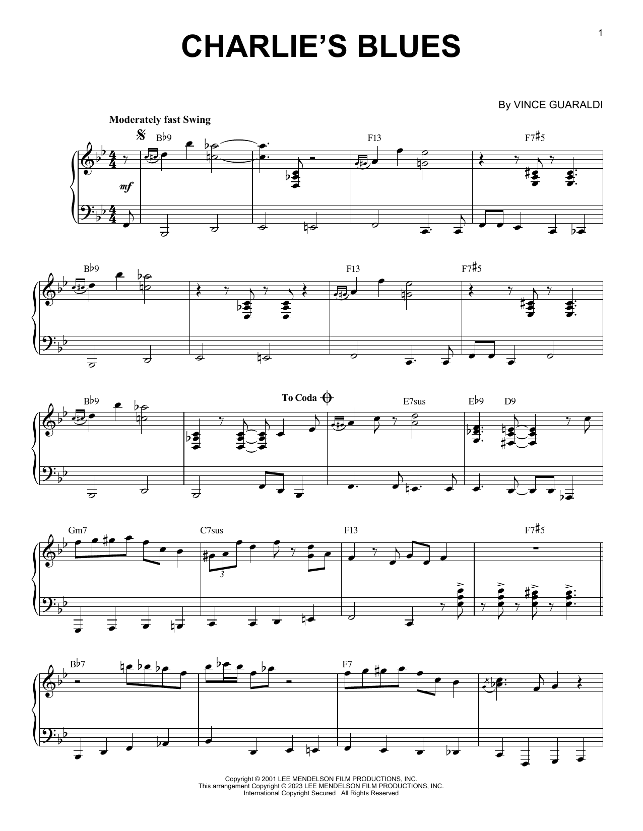 Vince Guaraldi Charlie's Blues [Jazz version] (arr. Brent Edstrom) sheet music notes and chords arranged for Piano Solo