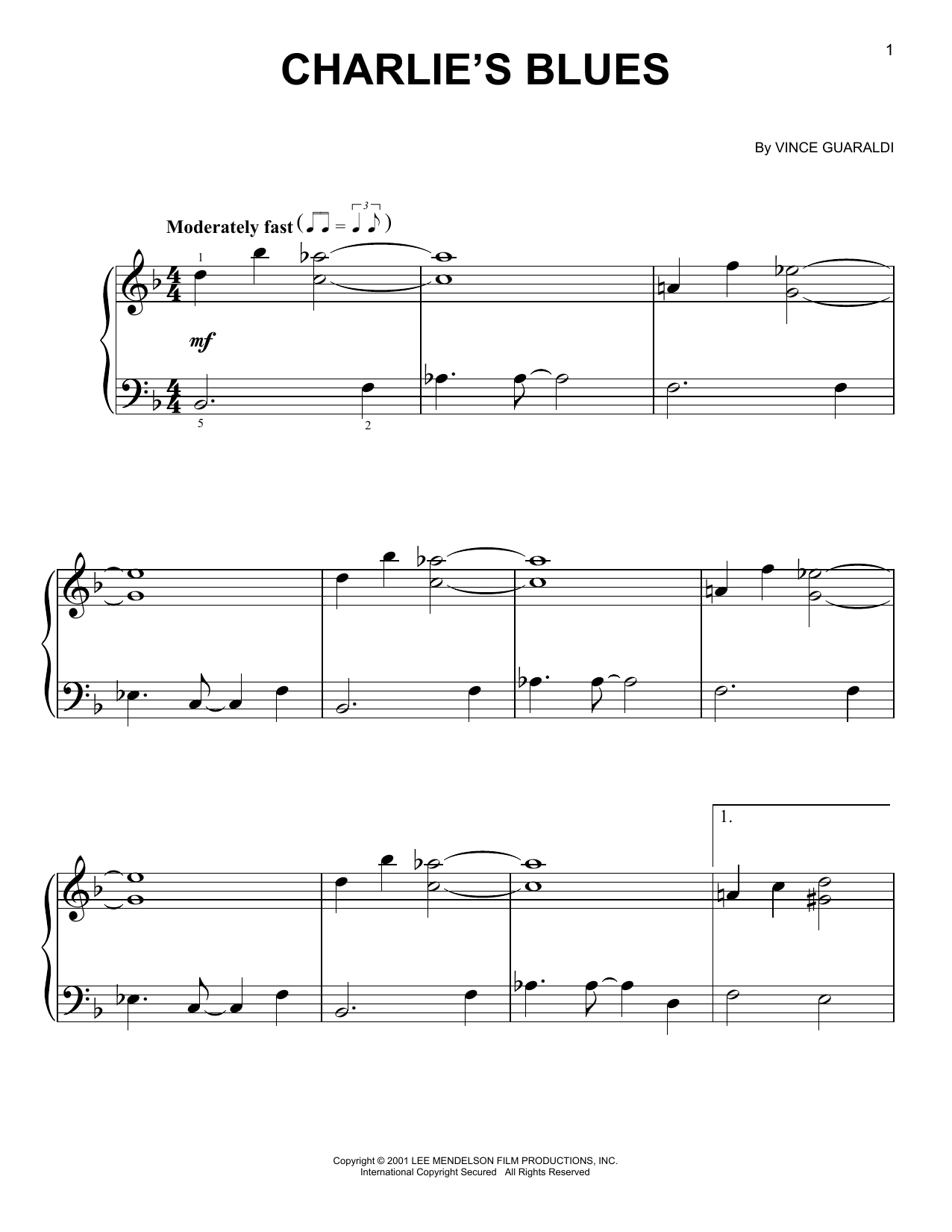 Vince Guaraldi Charlie's Blues sheet music notes and chords arranged for Easy Piano