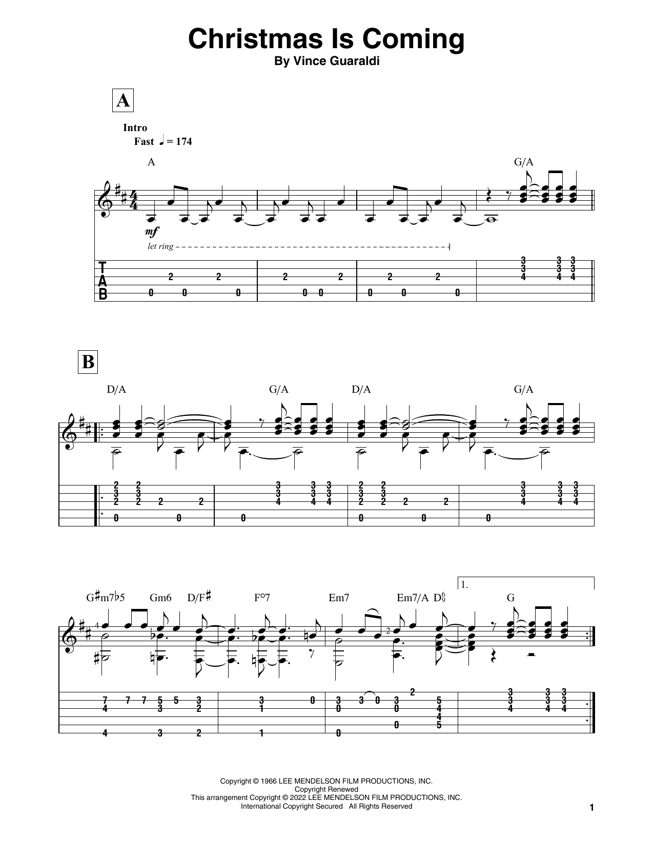 Vince Guaraldi Christmas Is Coming (from A Charlie Brown Christmas) sheet music notes and chords arranged for Solo Guitar
