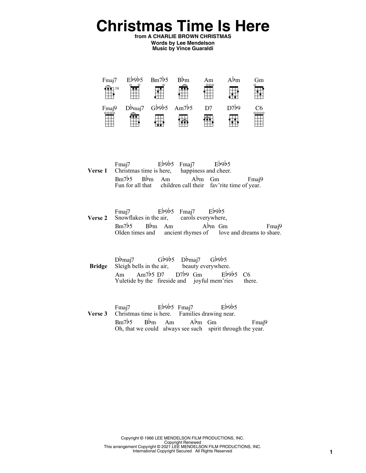 Vince Guaraldi Christmas Time Is Here (arr. Fred Sokolow) sheet music notes and chords arranged for Ukulele