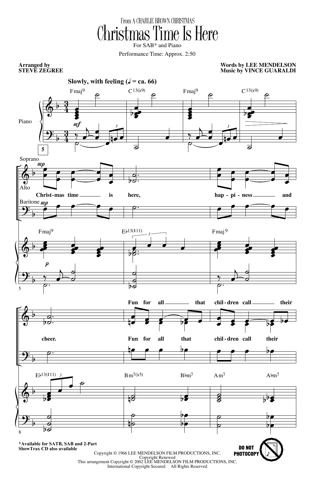 Vince Guaraldi Christmas Time Is Here (arr. Steve Zegree) sheet music notes and chords arranged for SAB Choir