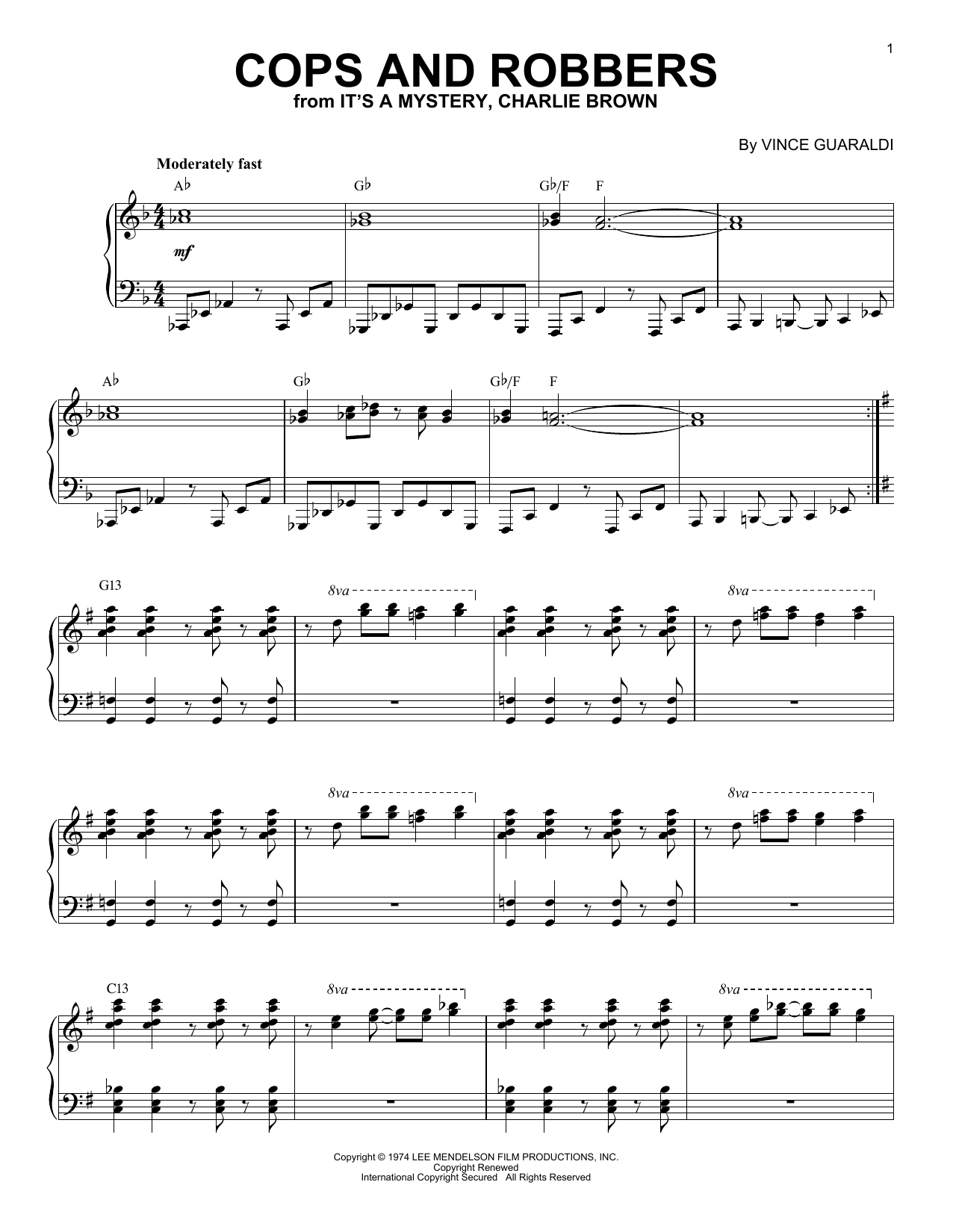 Vince Guaraldi Cops And Robbers sheet music notes and chords arranged for Piano Solo