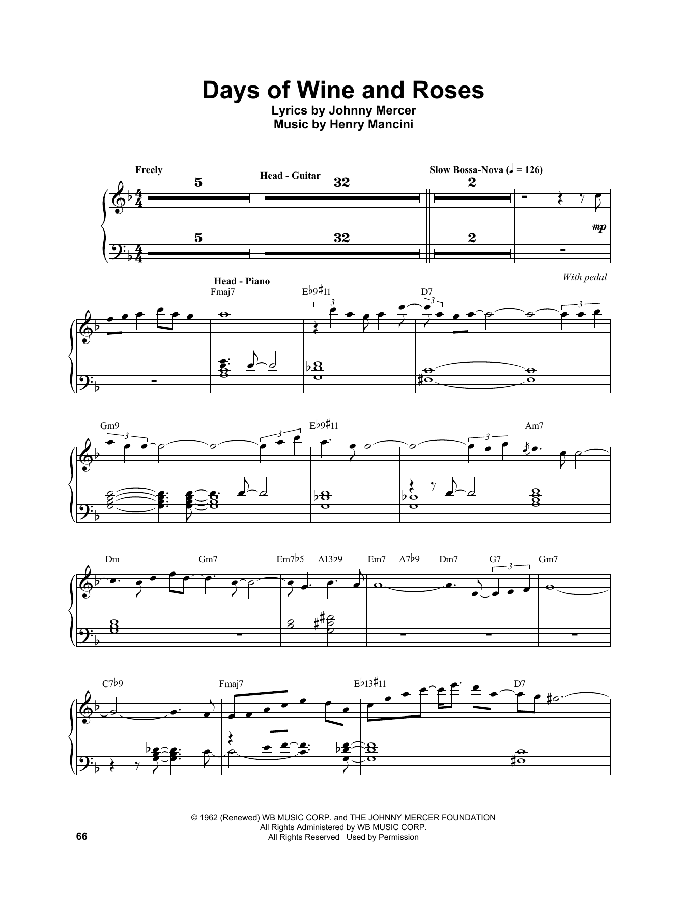 Vince Guaraldi Days Of Wine And Roses sheet music notes and chords arranged for Piano Transcription