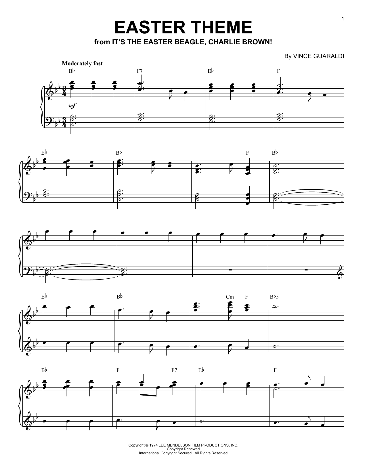 Vince Guaraldi Easter Theme (from It's The Easter Beagle, Charlie Brown) sheet music notes and chords arranged for Piano Solo