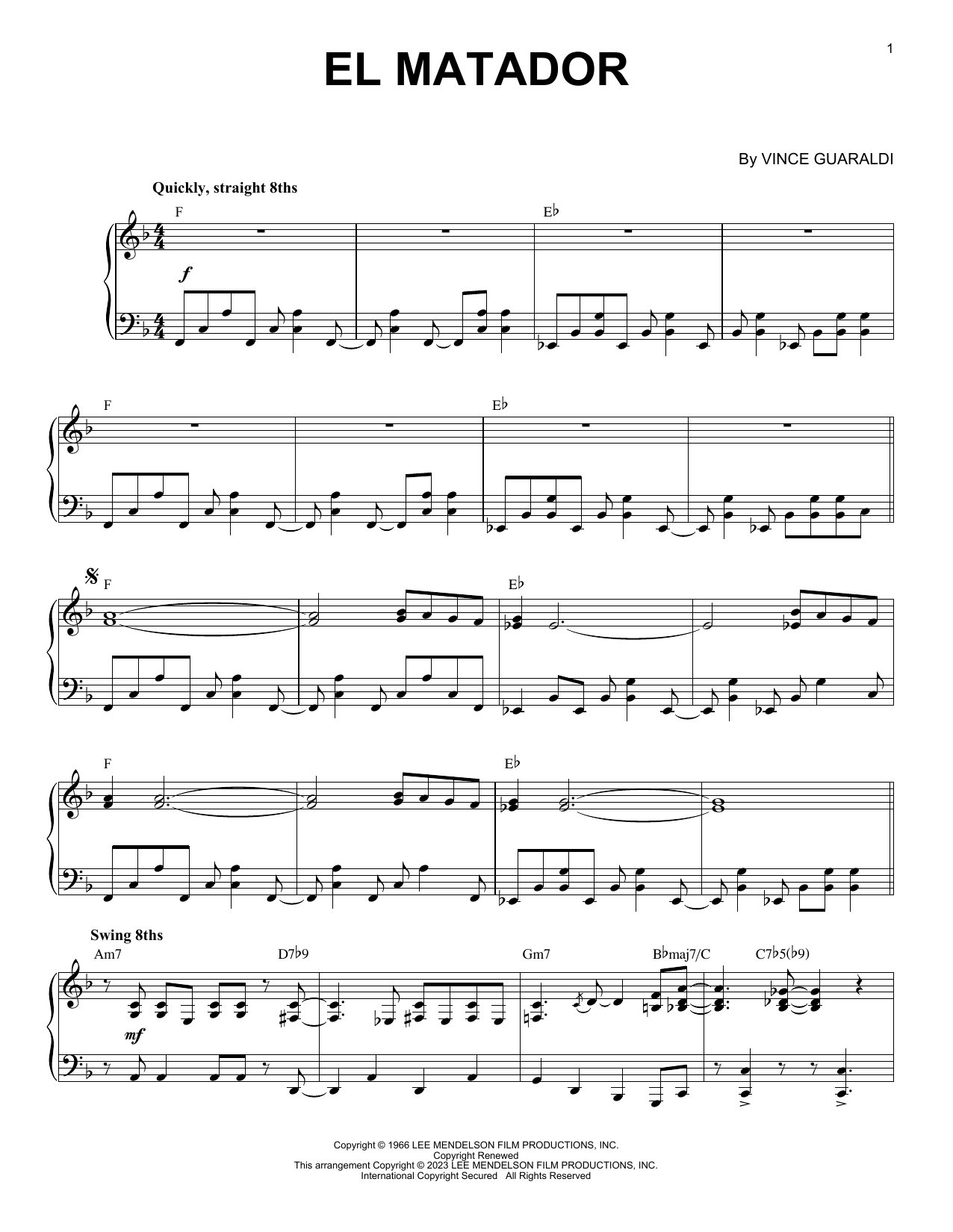 Vince Guaraldi El Matador [Jazz version] (arr. Brent Edstrom) sheet music notes and chords arranged for Piano Solo