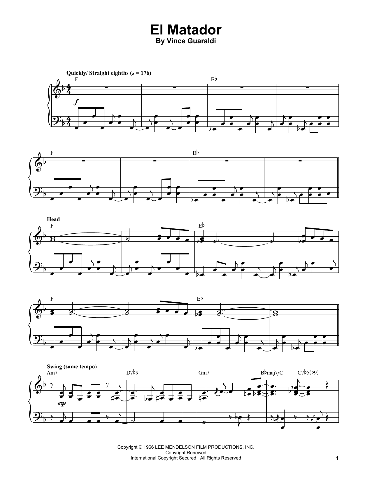 Vince Guaraldi El Matador sheet music notes and chords arranged for Piano Transcription