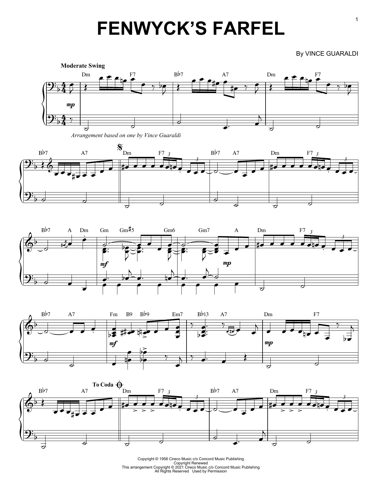 Vince Guaraldi Fenwyck's Farfel [Jazz version] (arr. Brent Edstrom) sheet music notes and chords arranged for Piano Solo
