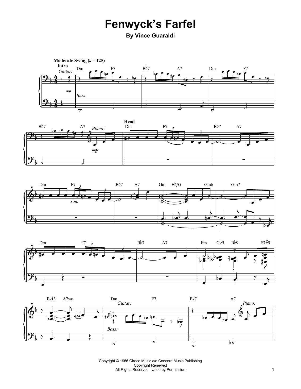 Vince Guaraldi Fenwyck's Farfel sheet music notes and chords arranged for Piano Transcription