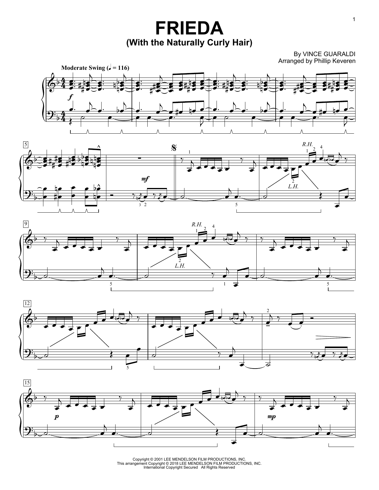 Vince Guaraldi Frieda (With The Naturally Curly Hair) (arr. Phillip Keveren) sheet music notes and chords arranged for Piano Solo