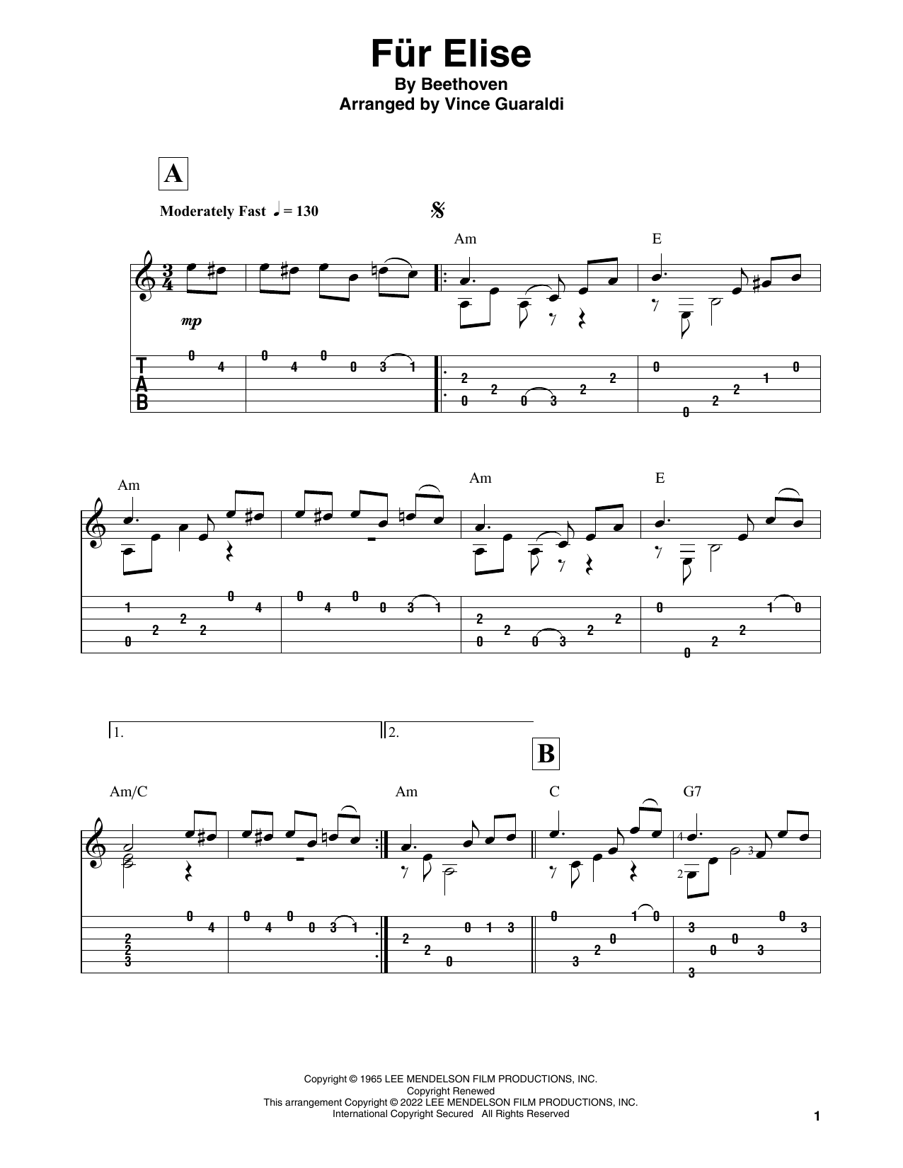 Vince Guaraldi Fur Elise (from A Charlie Brown Christmas) sheet music notes and chords arranged for Solo Guitar