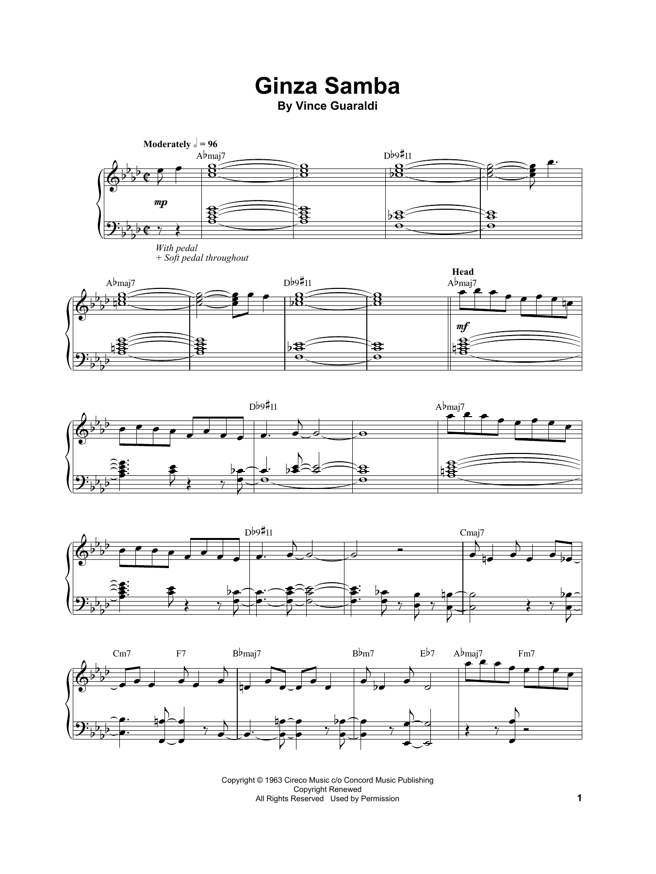 Vince Guaraldi Ginza Samba sheet music notes and chords arranged for Piano Transcription