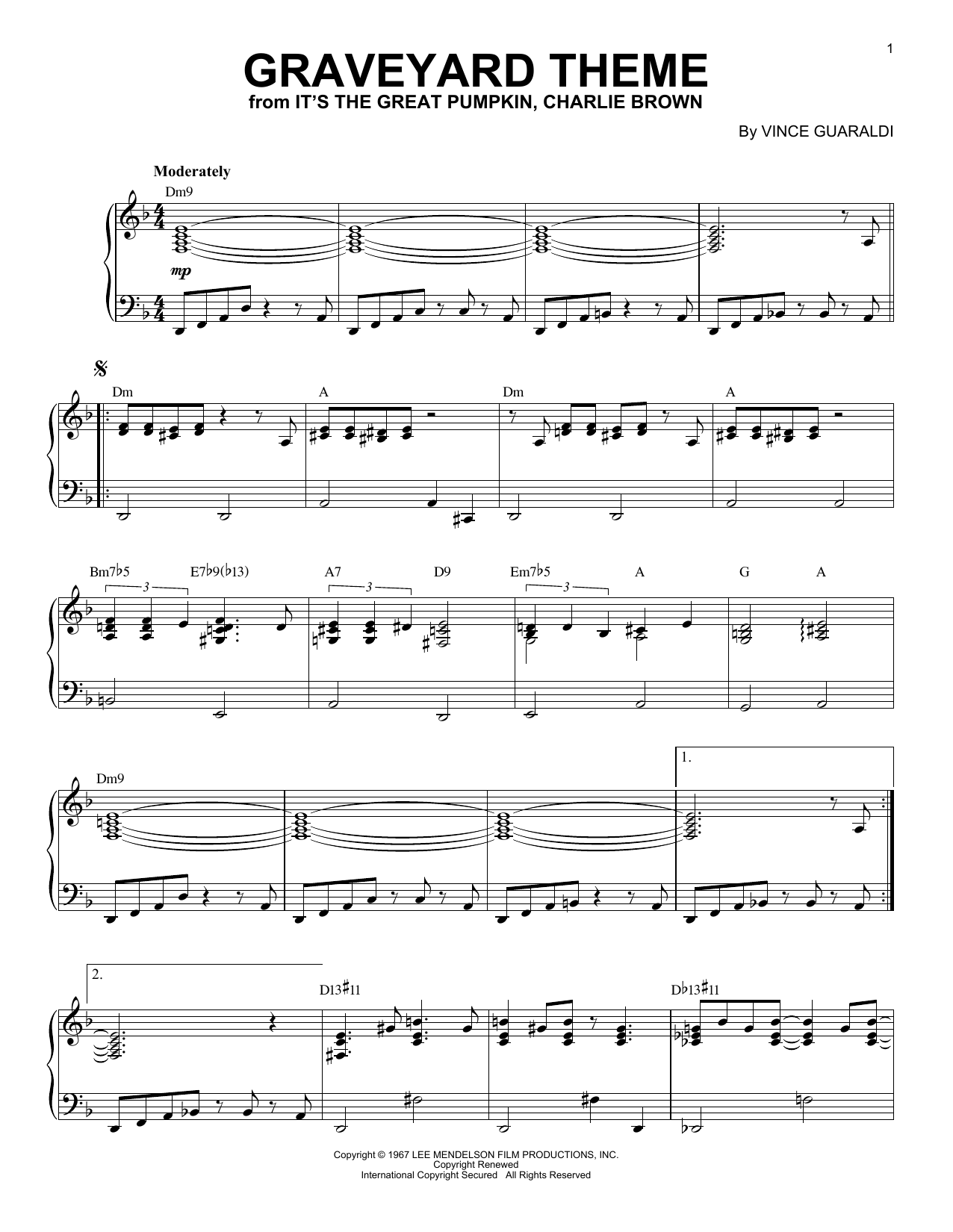 Vince Guaraldi Graveyard Theme (from It's The Great Pumpkin, Charlie Brown) sheet music notes and chords arranged for Piano Solo