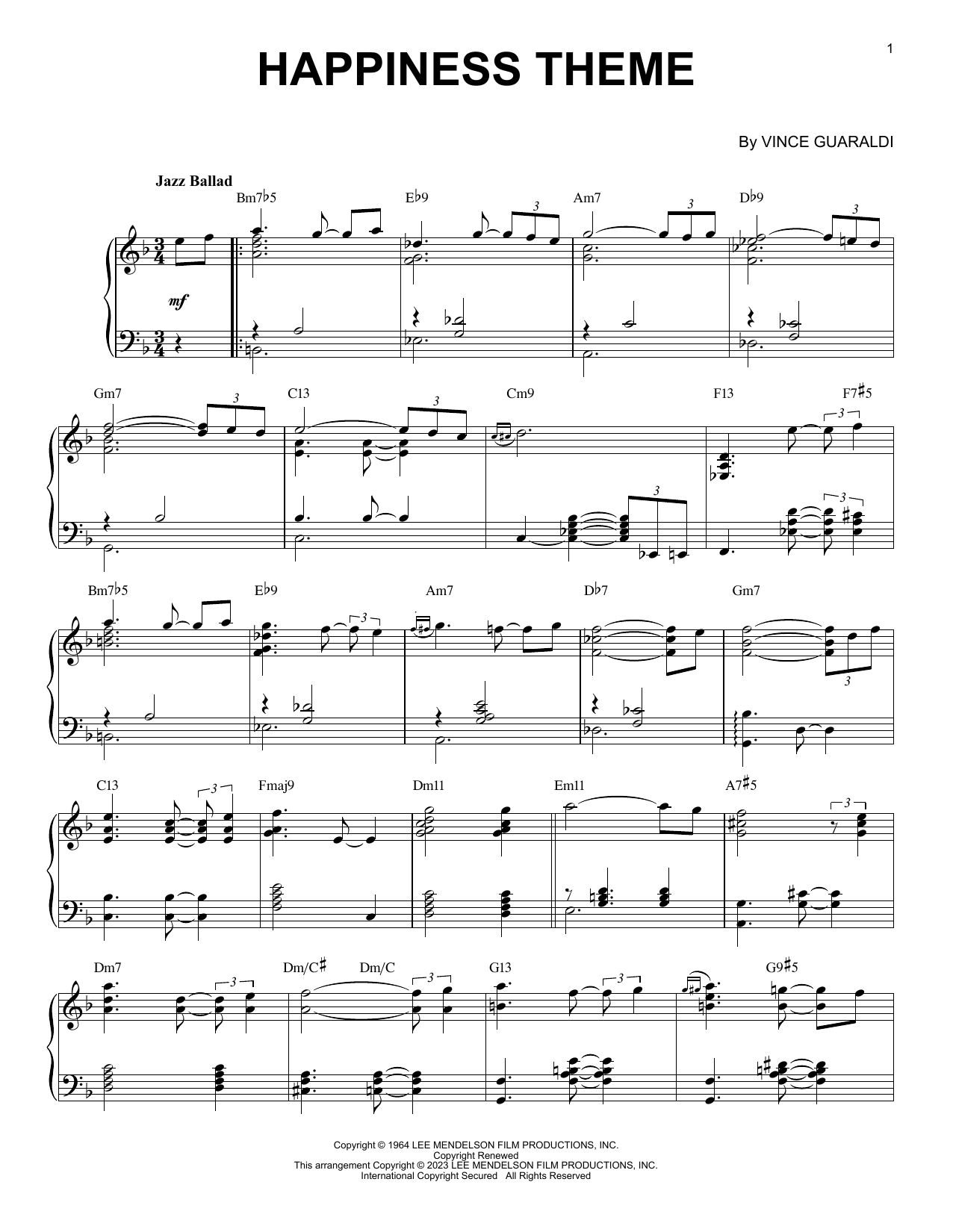 Vince Guaraldi Happiness Theme [Jazz version] (arr. Brent Edstrom) sheet music notes and chords arranged for Piano Solo