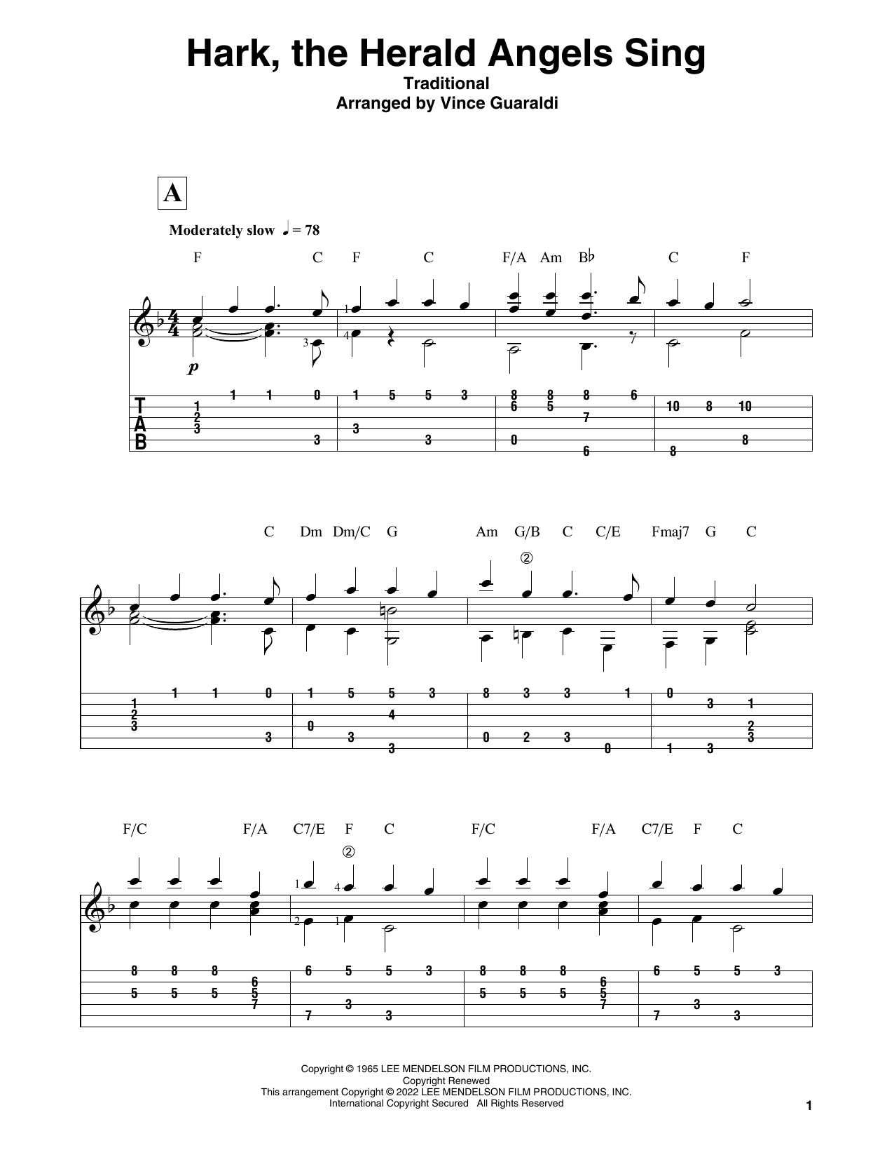 Vince Guaraldi Hark, The Herald Angels Sing (from A Charlie Brown Christmas) sheet music notes and chords arranged for Solo Guitar