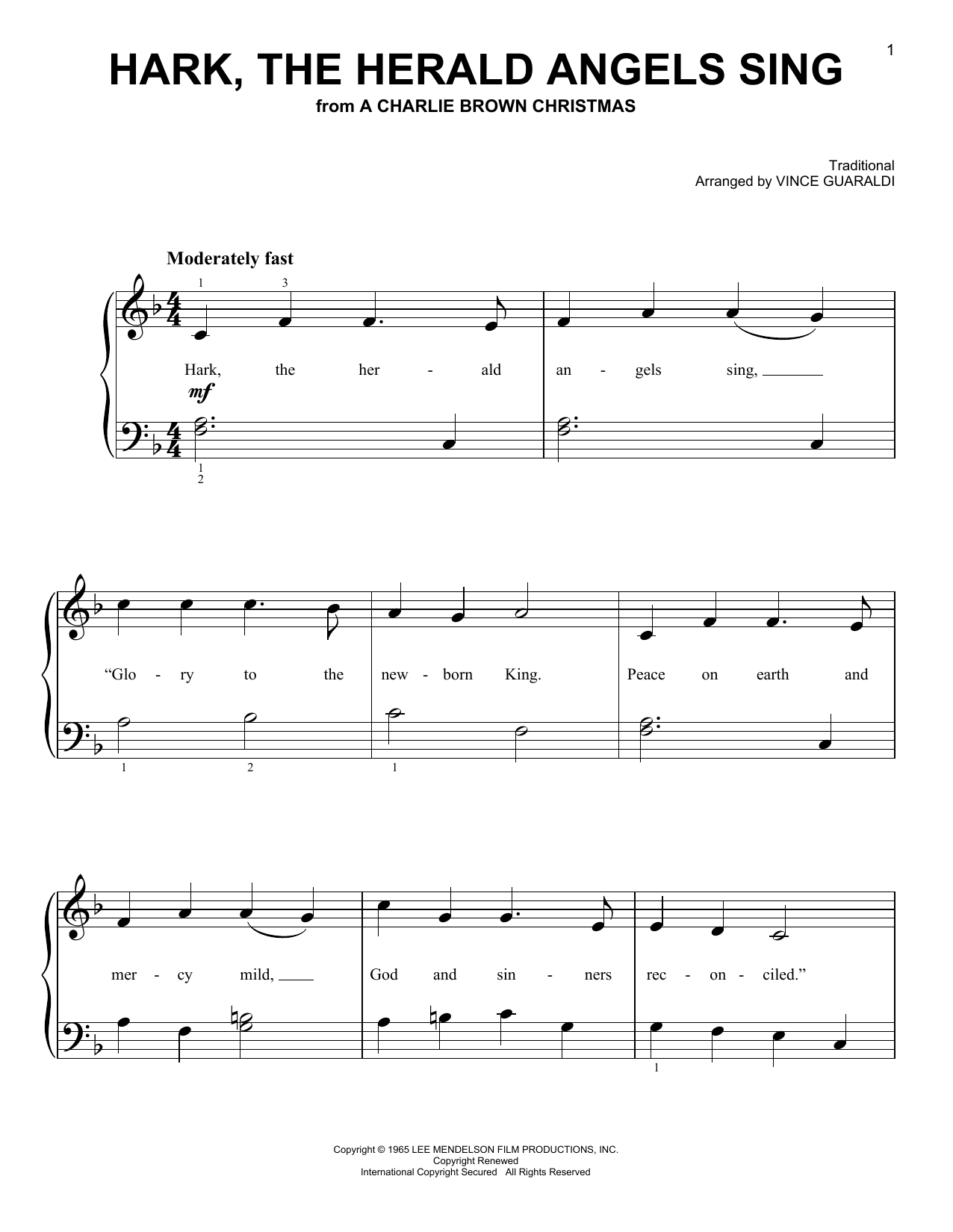 Vince Guaraldi Hark, The Herald Angels Sing sheet music notes and chords arranged for 5-Finger Piano