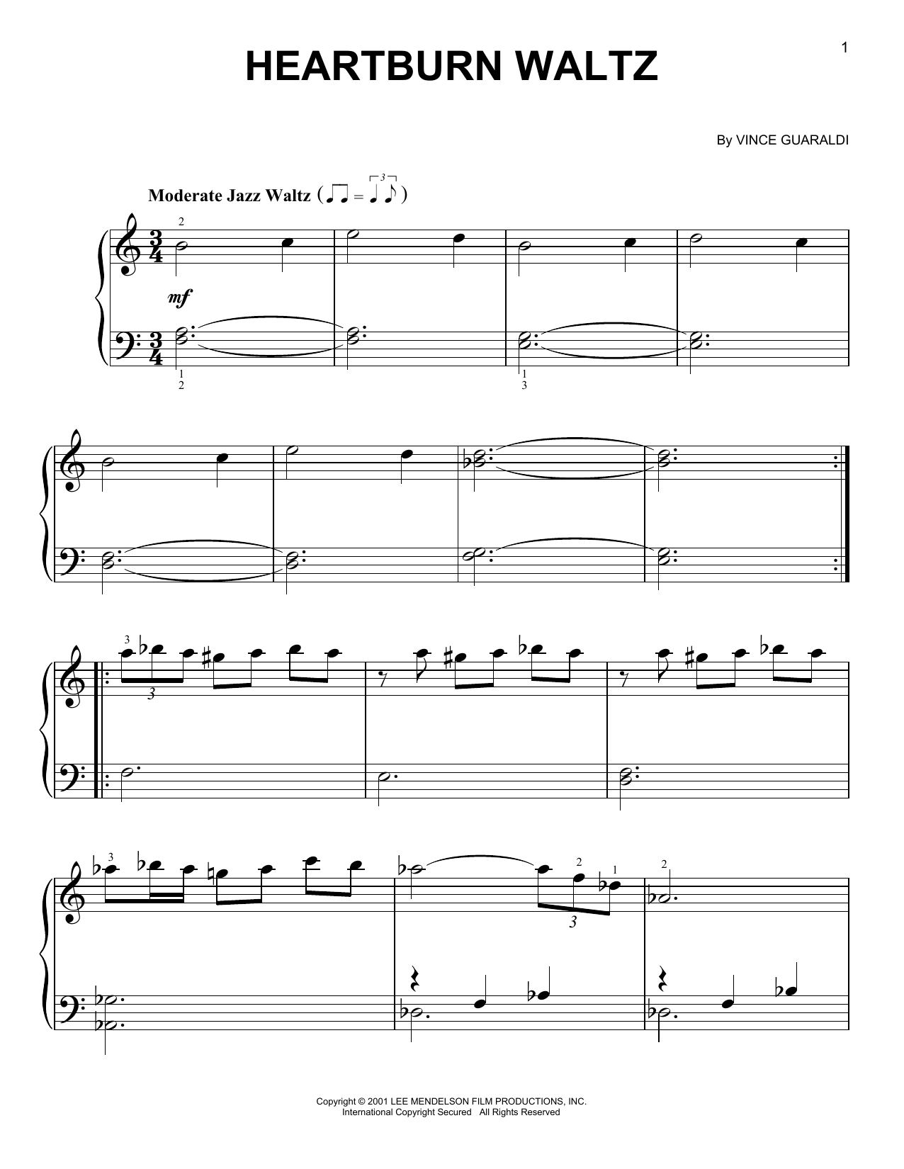 Vince Guaraldi Heartburn Waltz sheet music notes and chords arranged for Easy Piano
