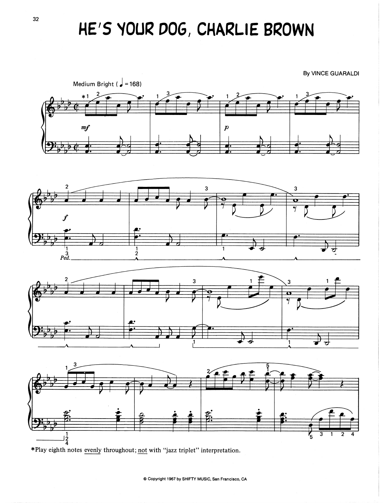 Vince Guaraldi He's Your Dog, Charlie Brown (arr. Lee Evans) sheet music notes and chords arranged for Piano Solo