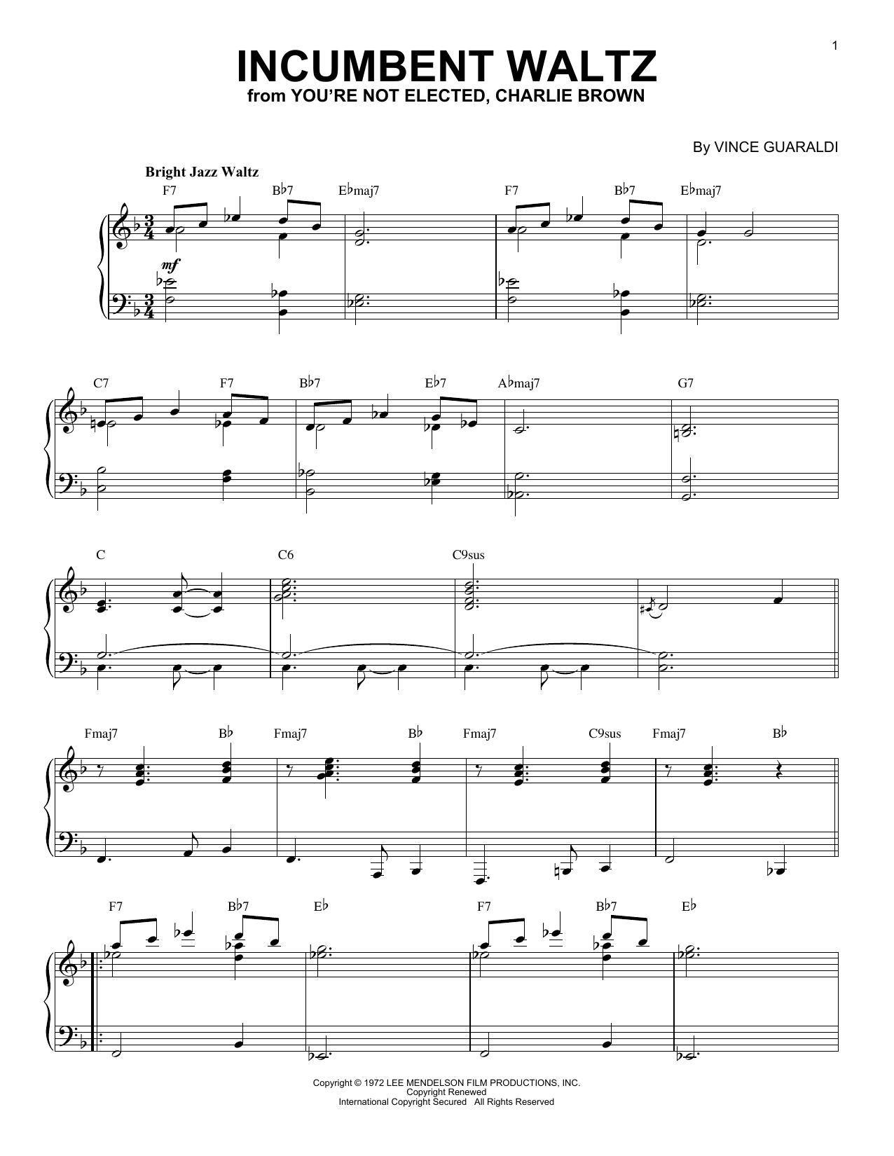 Vince Guaraldi Incumbent Waltz (from You're Not Elected, Charlie Brown) sheet music notes and chords arranged for Piano Solo