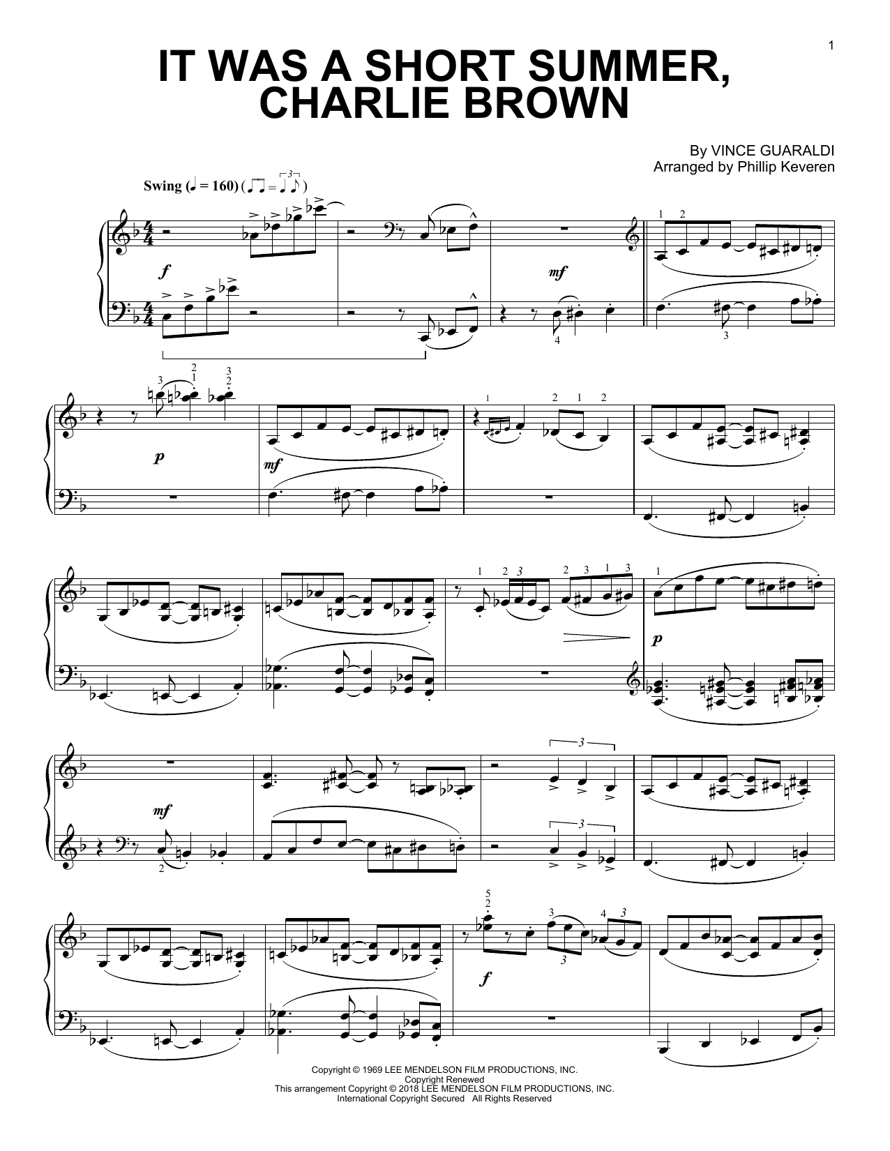 Vince Guaraldi It Was A Short Summer, Charlie Brown (arr. Phillip Keveren) sheet music notes and chords arranged for Piano Solo