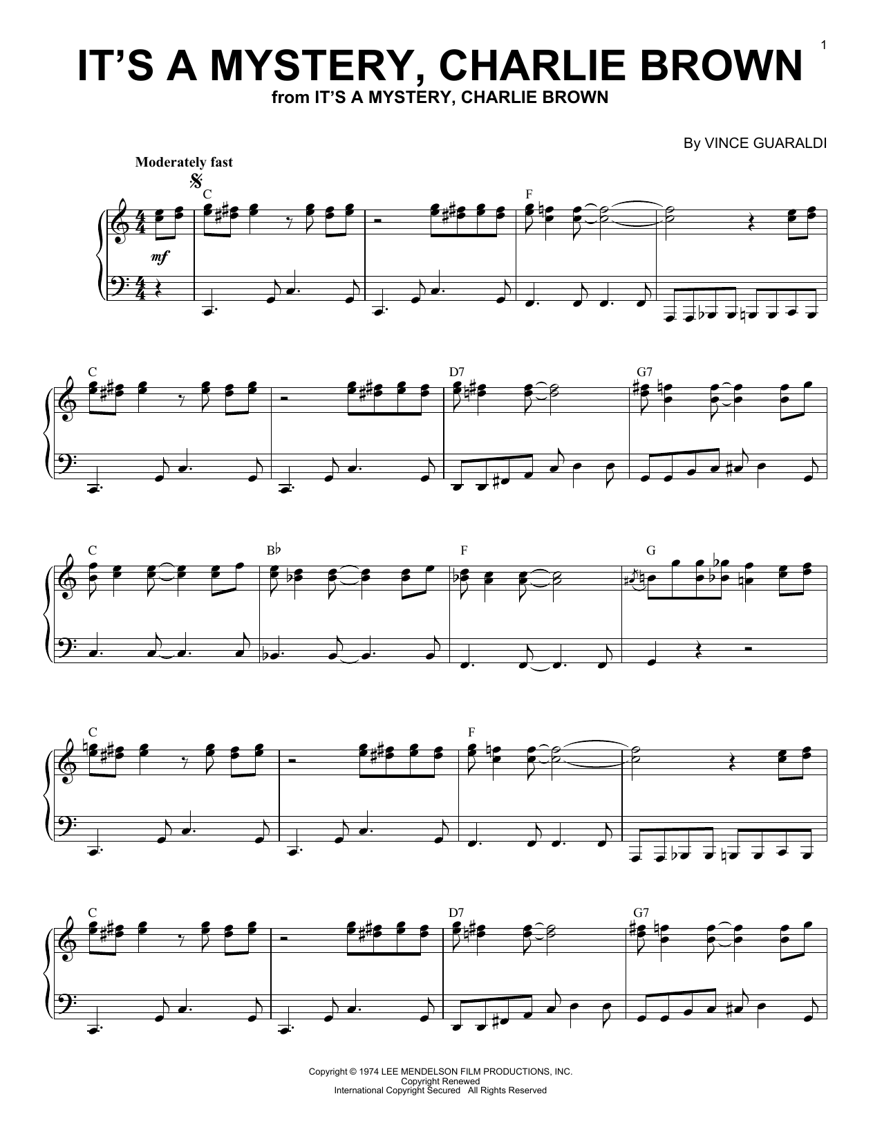 Vince Guaraldi It's A Mystery Charlie Brown sheet music notes and chords arranged for Piano Solo