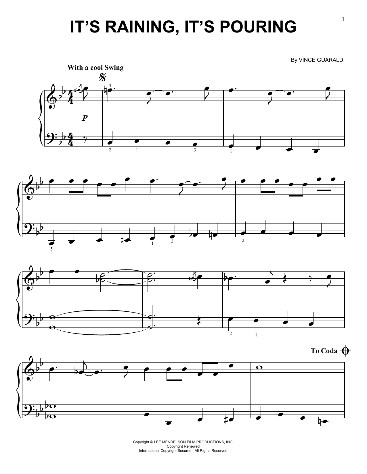 Vince Guaraldi It's Raining, It's Pouring sheet music notes and chords arranged for Easy Piano