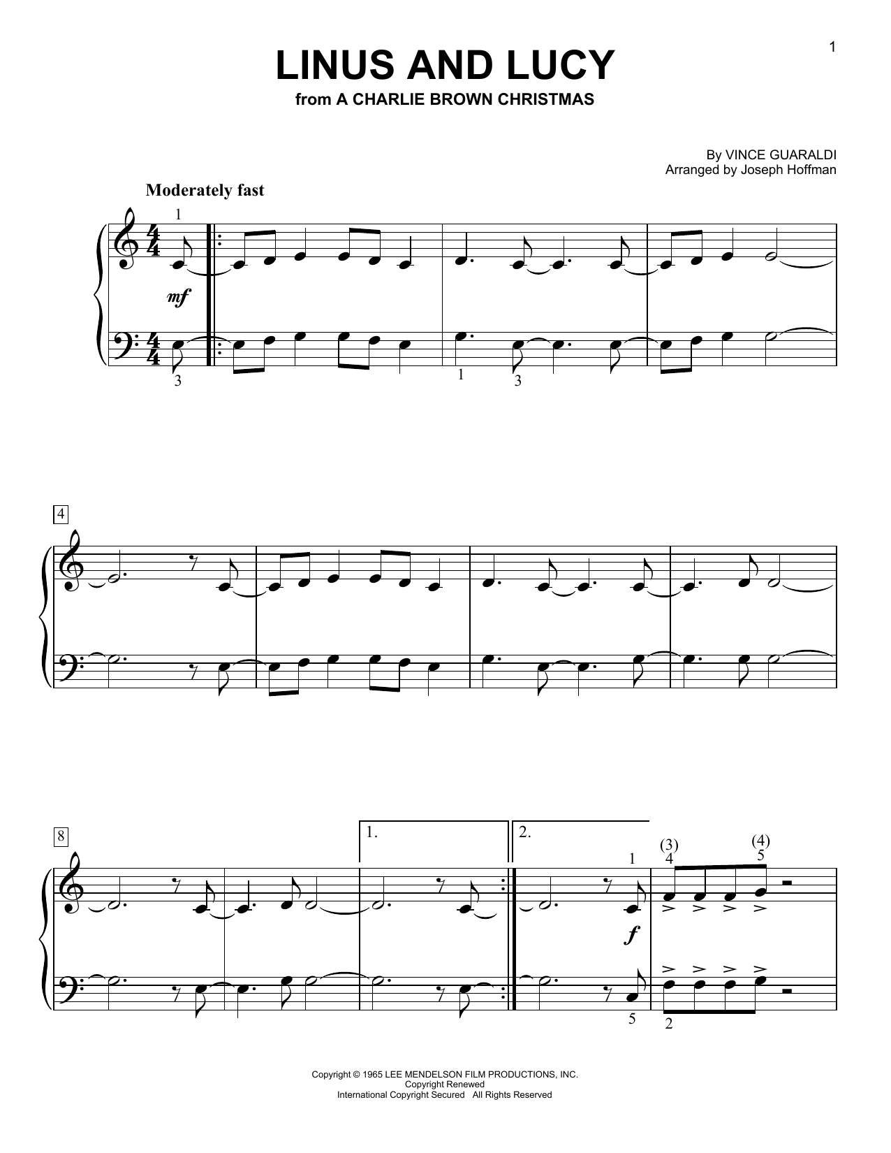 Vince Guaraldi Linus And Lucy (arr. Joseph Hoffman) sheet music notes and chords arranged for Easy Piano