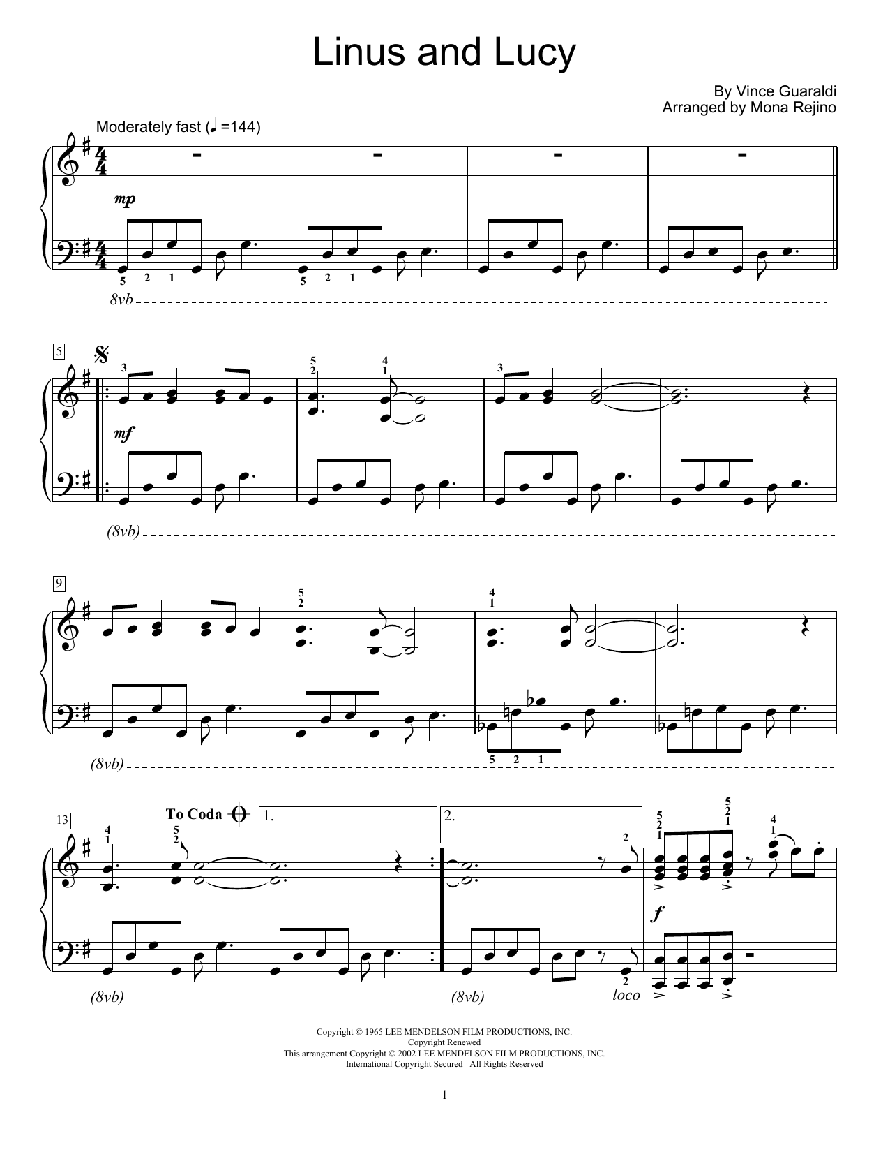 Vince Guaraldi Linus And Lucy (arr. Mona Rejino) sheet music notes and chords arranged for Educational Piano