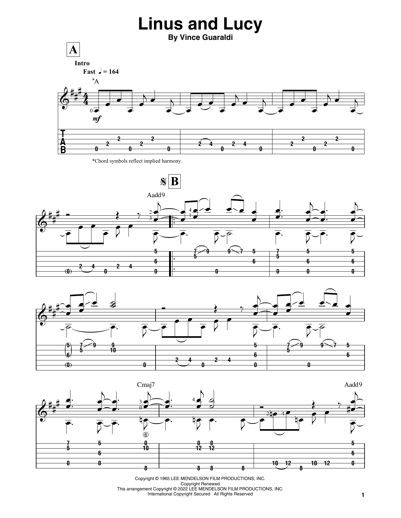 Vince Guaraldi Linus And Lucy (from A Charlie Brown Christmas) sheet music notes and chords arranged for Solo Guitar