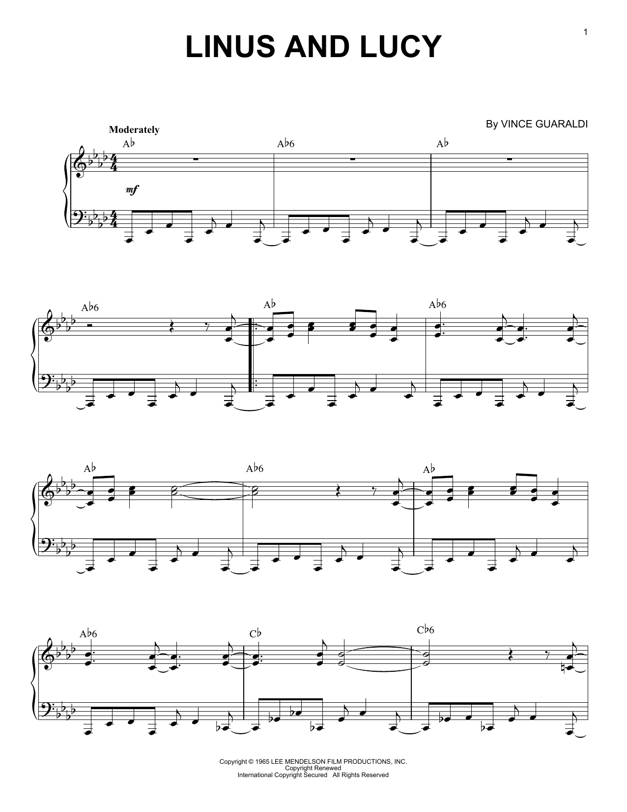 Vince Guaraldi Linus And Lucy sheet music notes and chords arranged for Piano Transcription