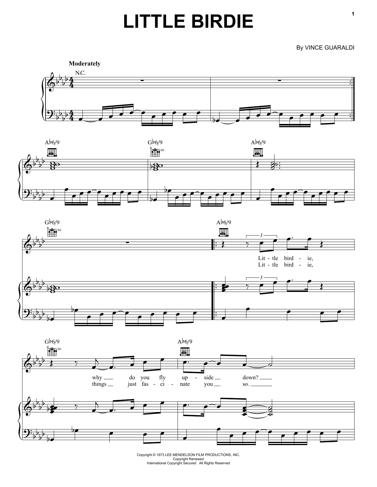 Vince Guaraldi Little Birdie sheet music notes and chords arranged for Piano, Vocal & Guitar Chords (Right-Hand Melody)
