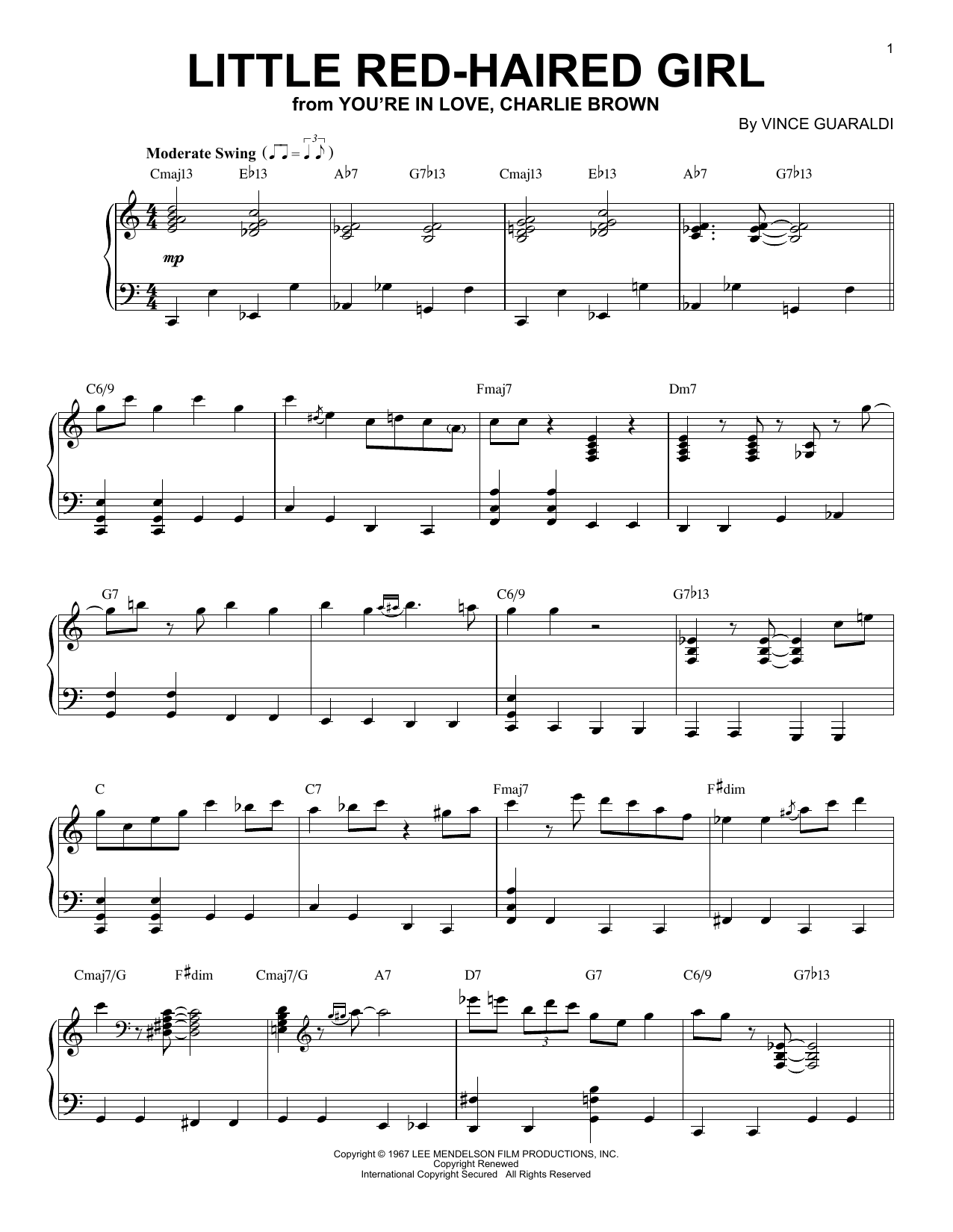 Vince Guaraldi Little Red-Haired Girl sheet music notes and chords arranged for Piano Solo