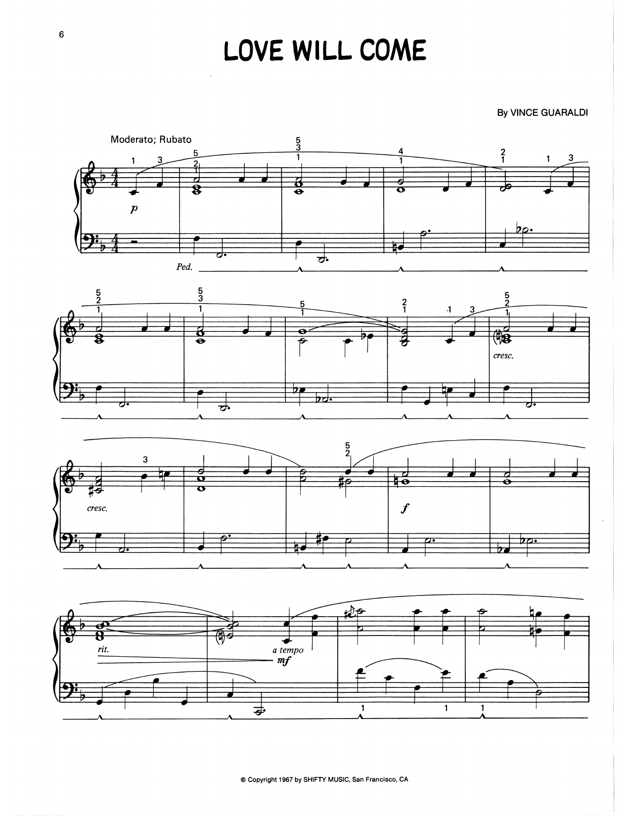 Vince Guaraldi Love Will Come (arr. Lee Evans) sheet music notes and chords arranged for Piano Solo