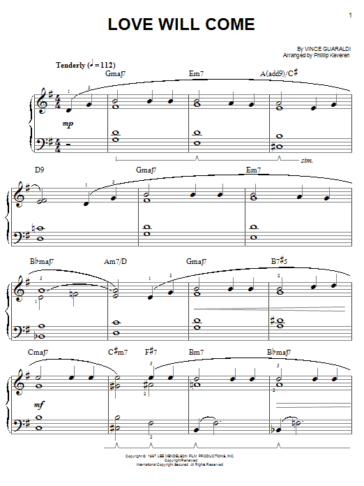 Vince Guaraldi Love Will Come (arr. Phillip Keveren) sheet music notes and chords arranged for Piano Solo