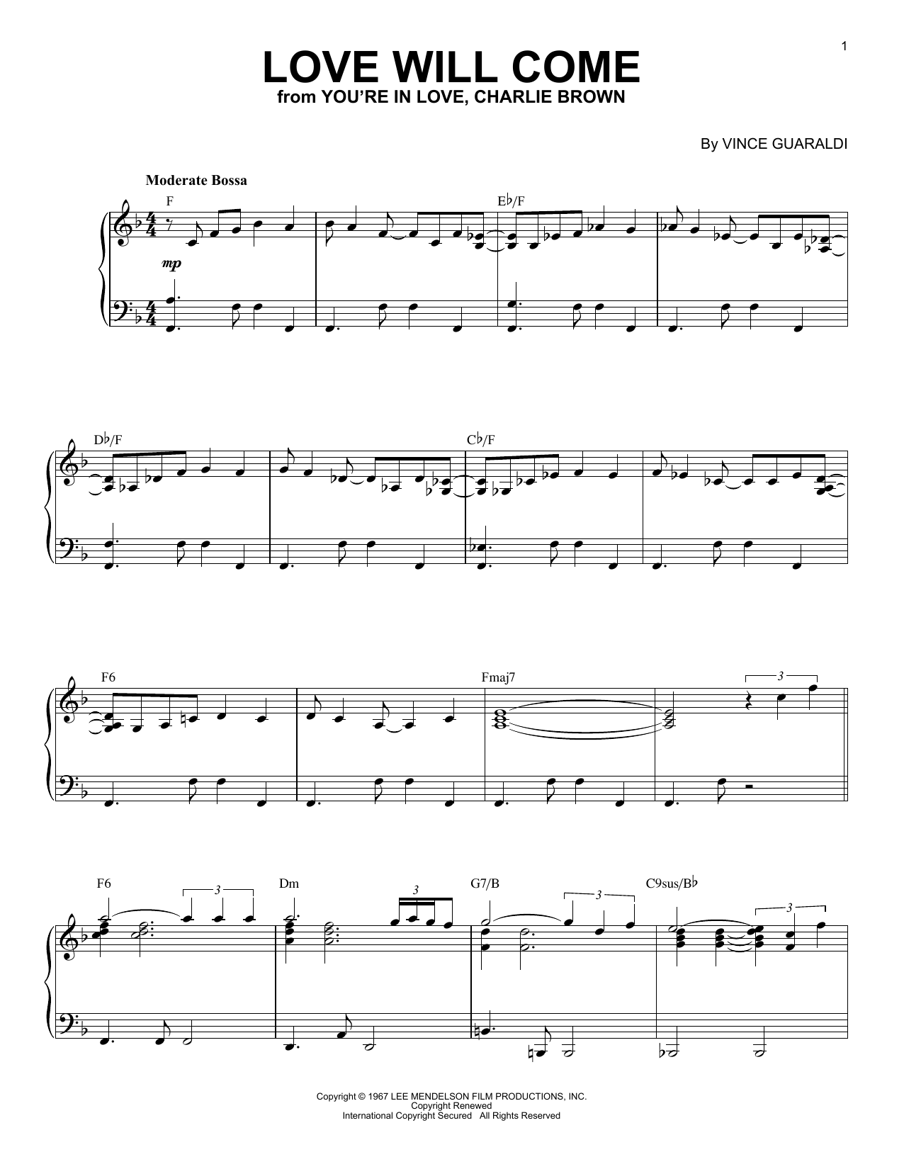 Vince Guaraldi Love Will Come (from You're In Love, Charlie Brown) sheet music notes and chords arranged for Piano Solo