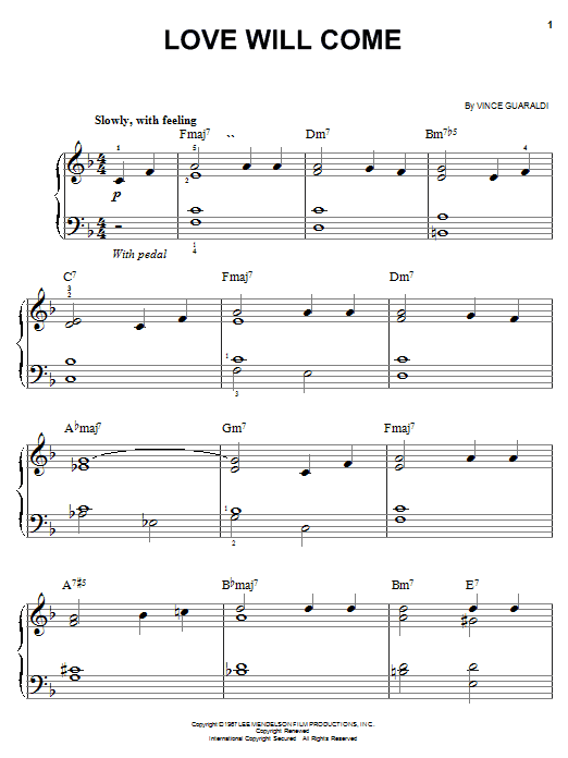 Vince Guaraldi Love Will Come sheet music notes and chords arranged for 5-Finger Piano