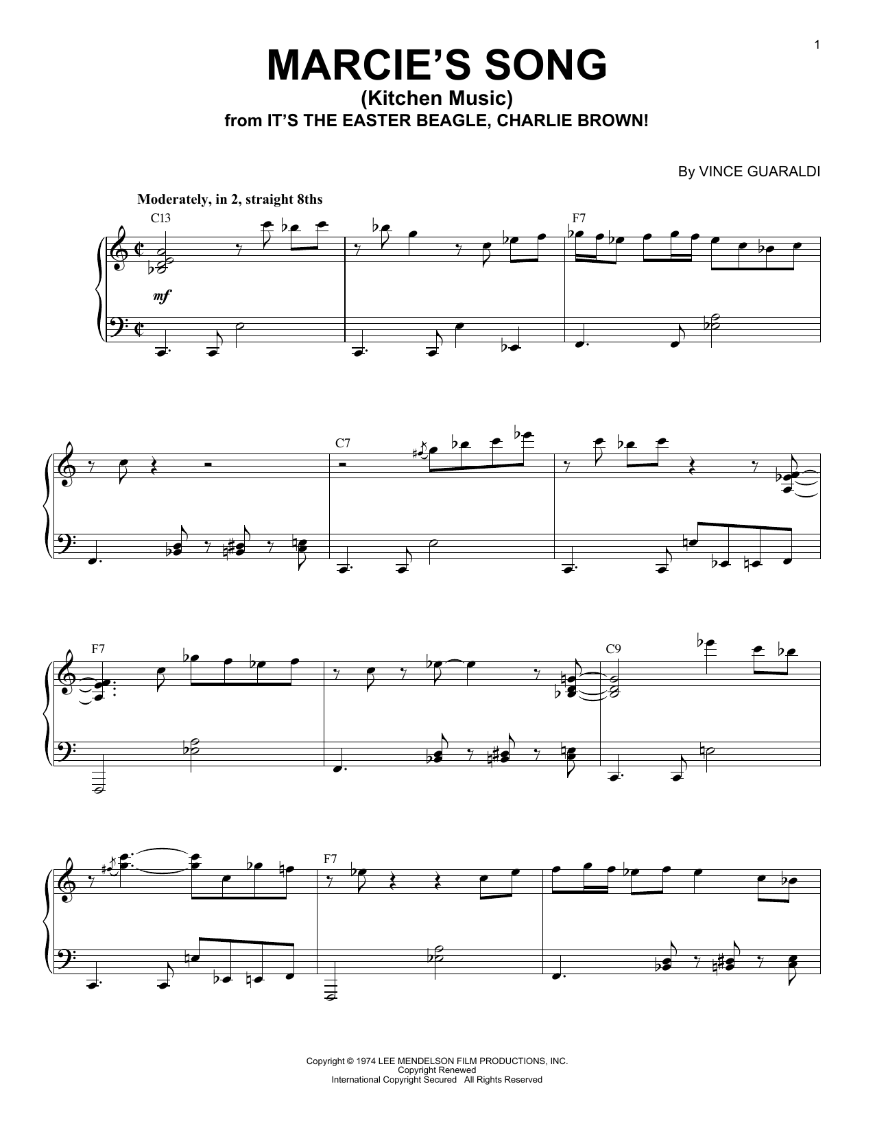Vince Guaraldi Marcie's Song (Kitchen Music) (from It's The Easter Beagle, Charlie Brown) sheet music notes and chords arranged for Piano Solo