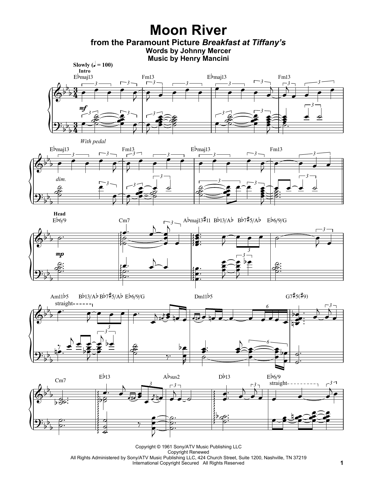 Vince Guaraldi Moon River sheet music notes and chords arranged for Piano Transcription