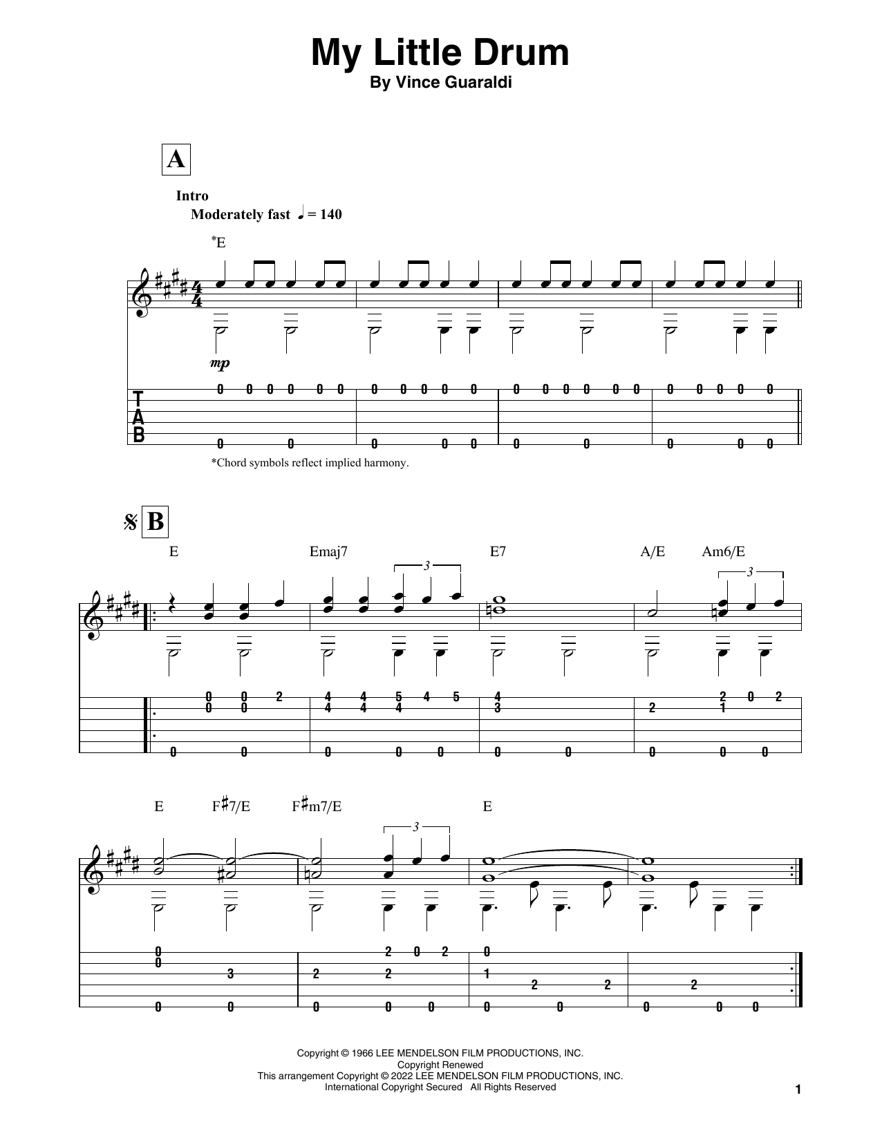 Vince Guaraldi My Little Drum (from A Charlie Brown Christmas) sheet music notes and chords arranged for Solo Guitar