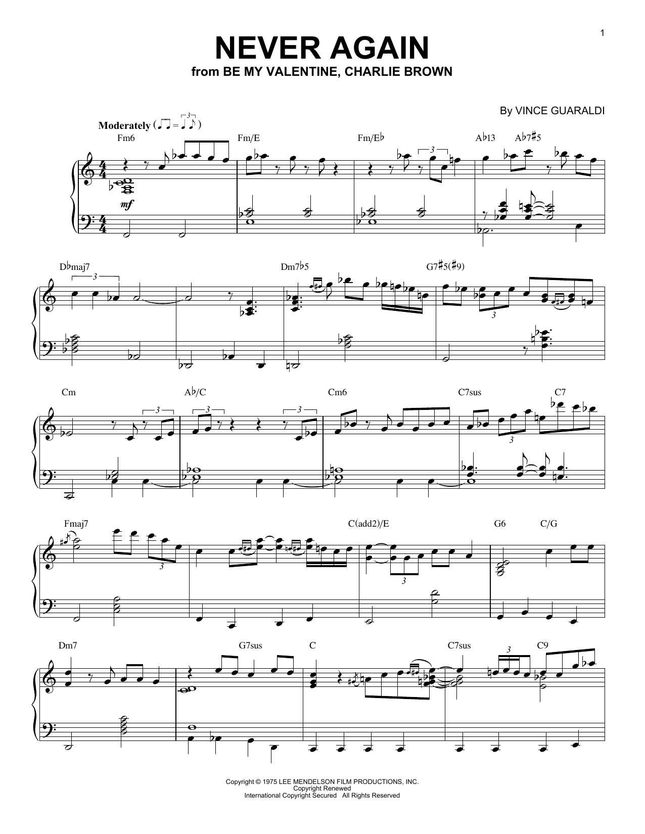 Vince Guaraldi Never Again sheet music notes and chords arranged for Piano Solo