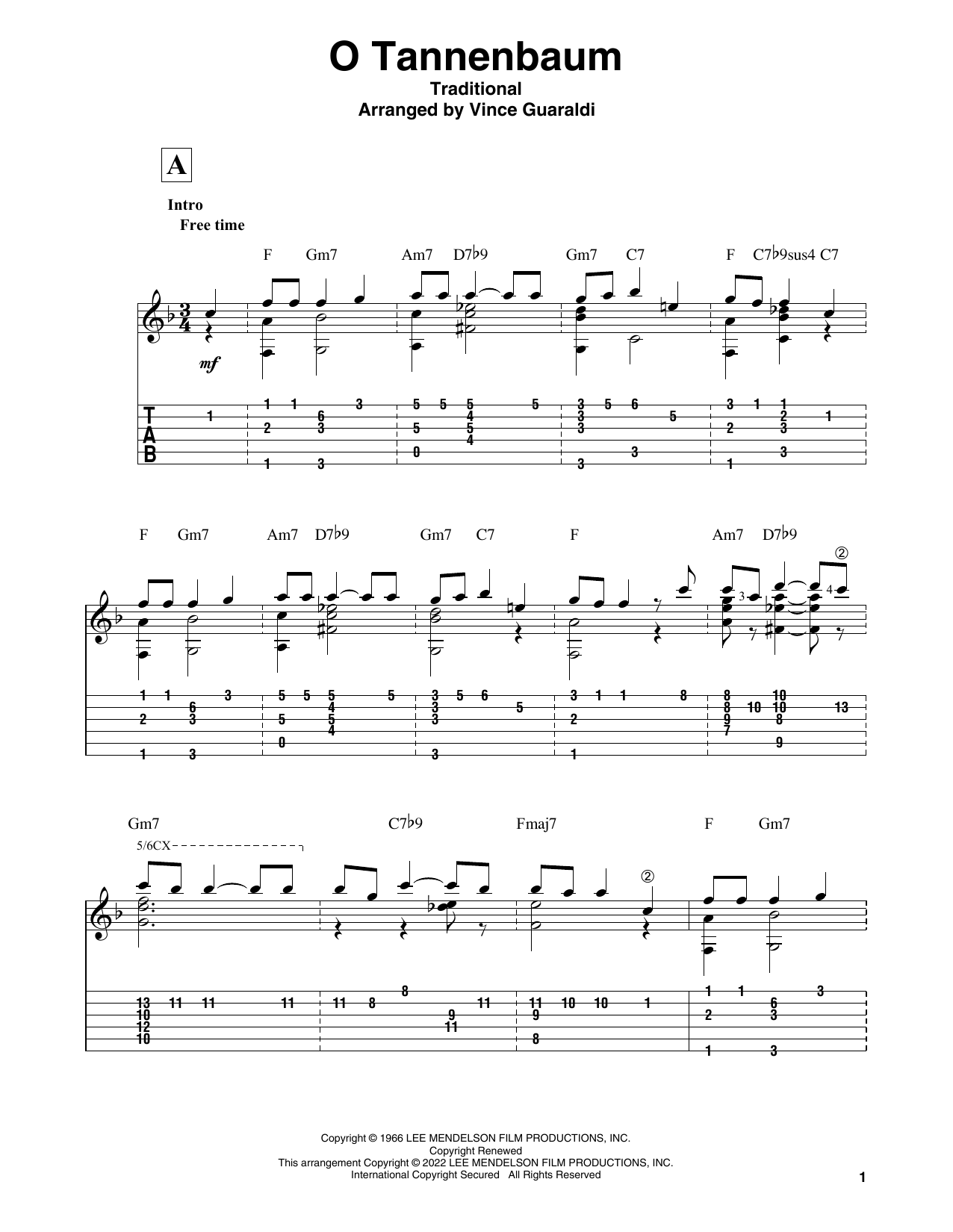 Vince Guaraldi O Tannenbaum (from A Charlie Brown Christmas) sheet music notes and chords arranged for Solo Guitar