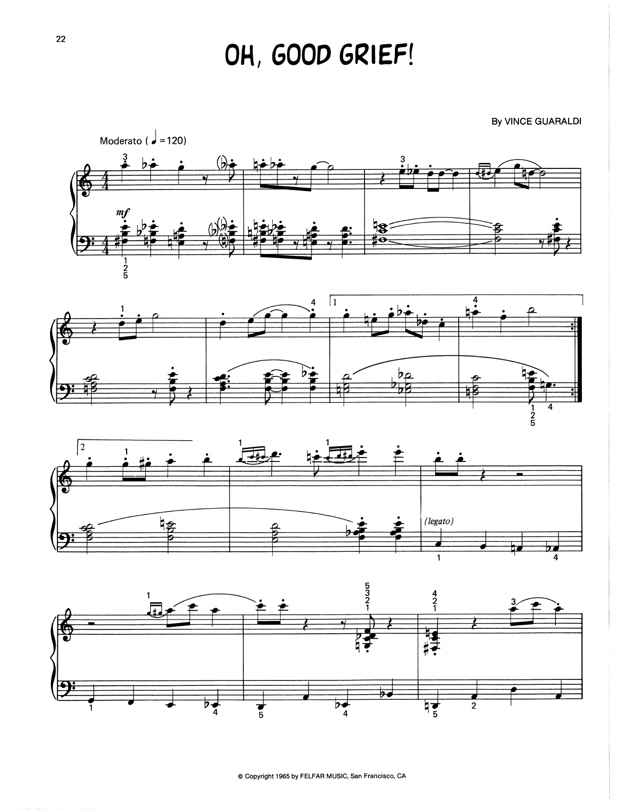 Vince Guaraldi Oh, Good Grief (arr. Lee Evans) sheet music notes and chords arranged for Piano Solo