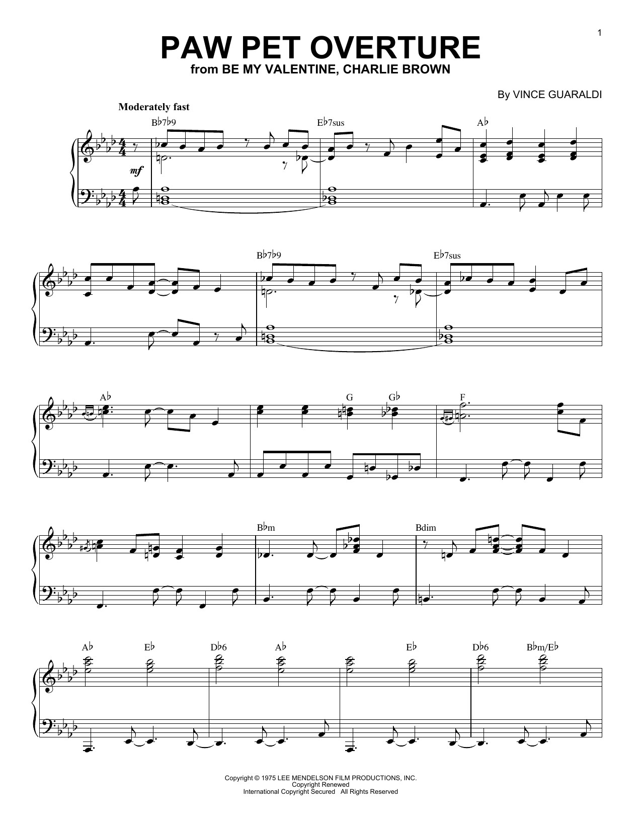 Vince Guaraldi Paw Pet Overture sheet music notes and chords arranged for Piano Solo
