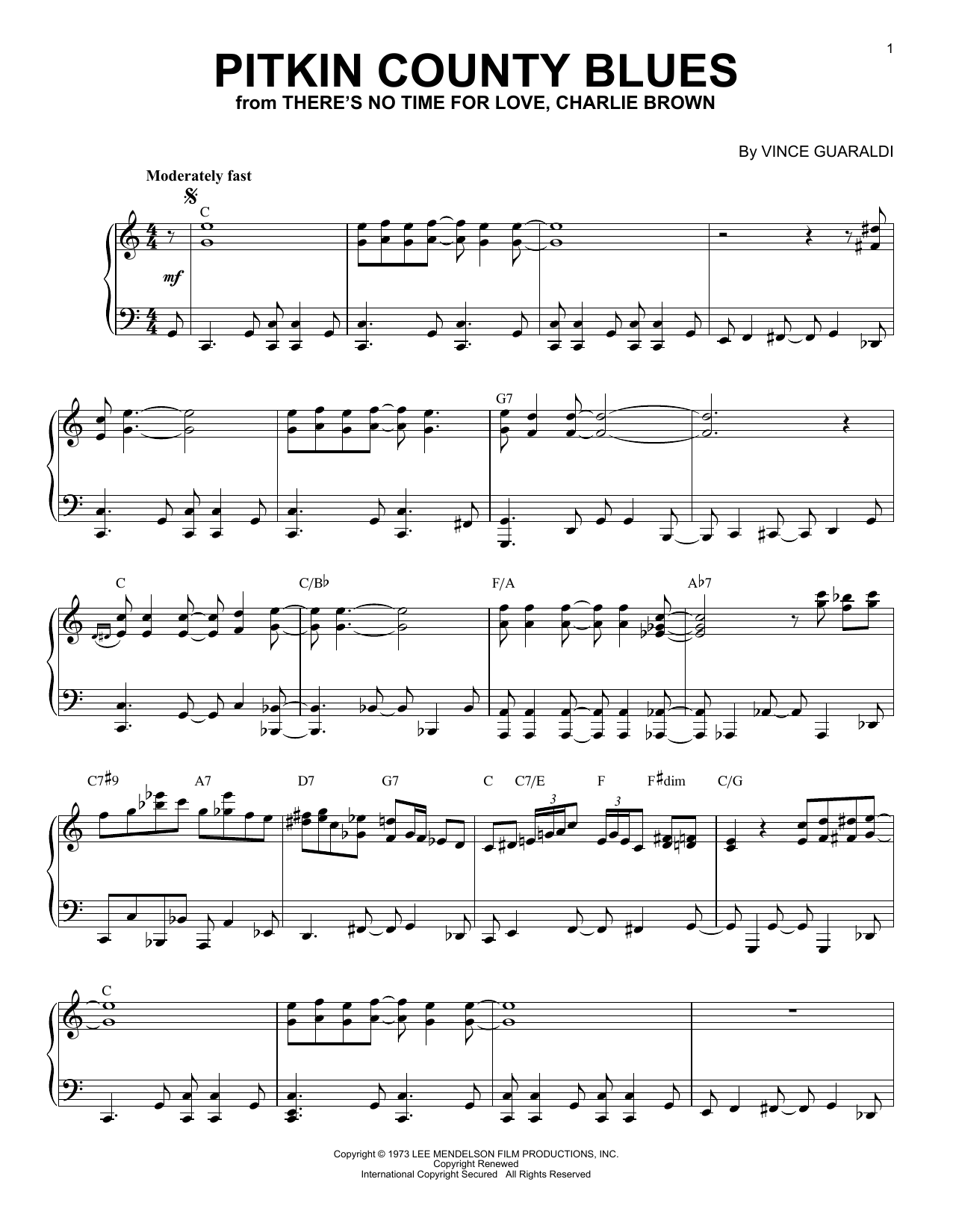 Vince Guaraldi Pitkin County Blues sheet music notes and chords arranged for Piano Solo