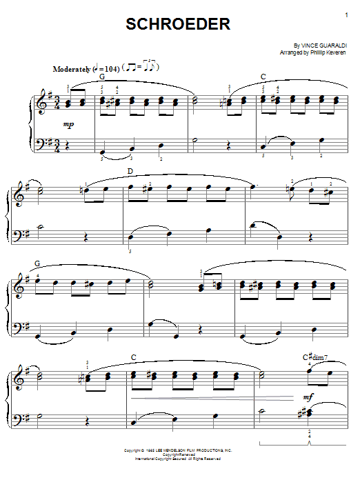 Vince Guaraldi Schroeder (arr. Phillip Keveren) sheet music notes and chords arranged for Easy Piano